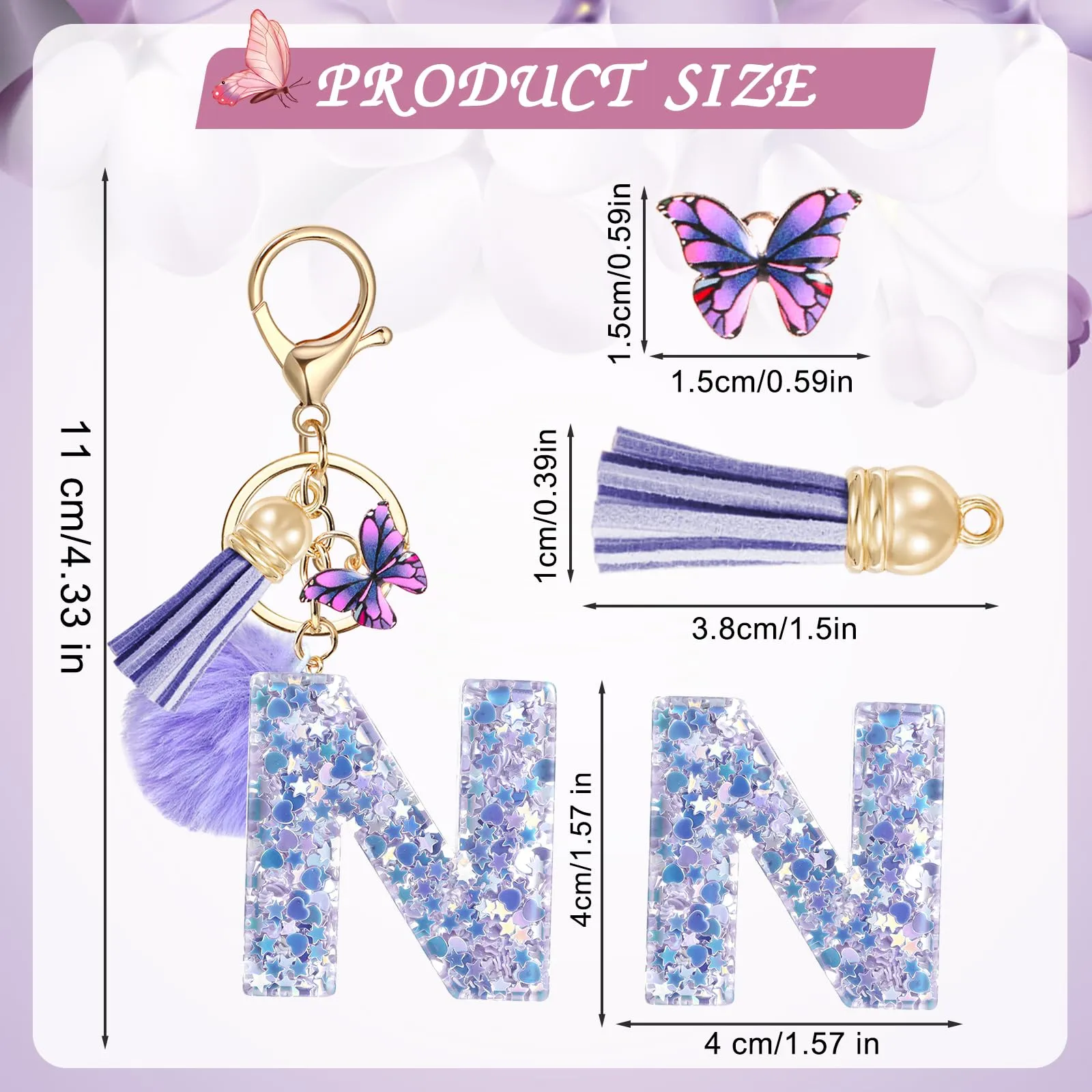 JSRQT Portachiavi da Ragazza Donna Viola Farfallina con Lettera Iniziale Nome N Ciondoli in Resina Personalizzare Regalo Legami Borsa per Auto Chiave Della Porta Macchina Zaino Pendenti Decor - immagine 2