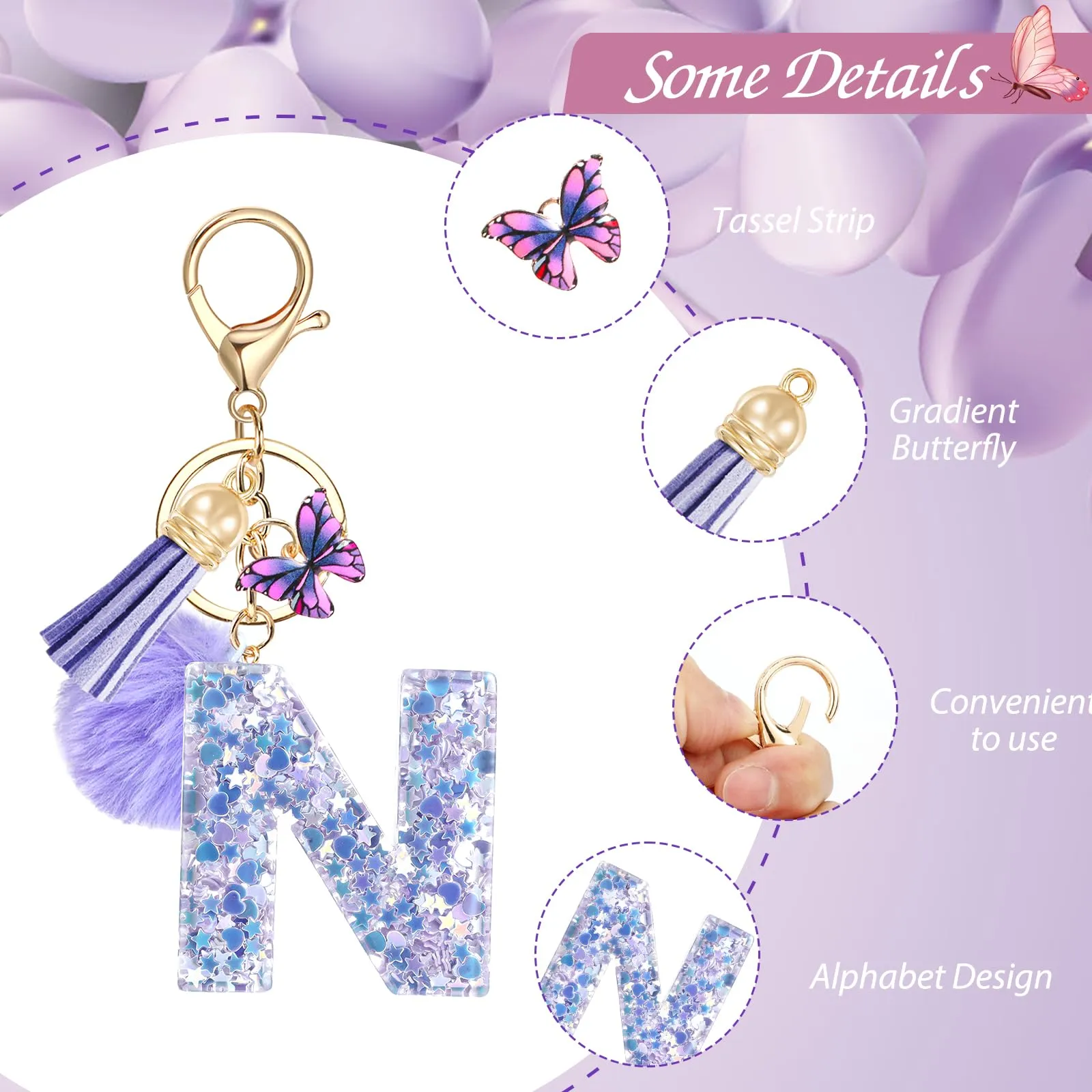JSRQT Portachiavi da Ragazza Donna Viola Farfallina con Lettera Iniziale Nome N Ciondoli in Resina Personalizzare Regalo Legami Borsa per Auto Chiave Della Porta Macchina Zaino Pendenti Decor - immagine 4