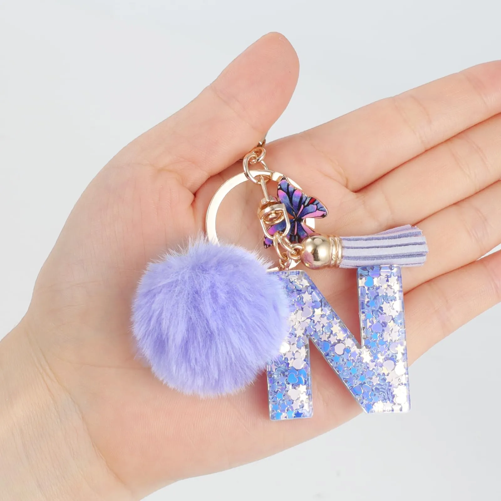 JSRQT Portachiavi da Ragazza Donna Viola Farfallina con Lettera Iniziale Nome N Ciondoli in Resina Personalizzare Regalo Legami Borsa per Auto Chiave Della Porta Macchina Zaino Pendenti Decor - immagine 6