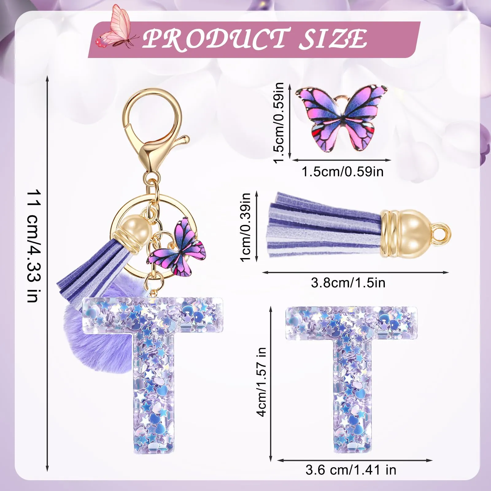 JSRQT Portachiavi da Ragazza Donna Viola Farfallina con Lettera Iniziale Nome T Ciondoli in Resina Personalizzare Regalo Legami Borsa per Auto Chiave Della Porta Macchina Zaino Pendenti Decor - immagine 2