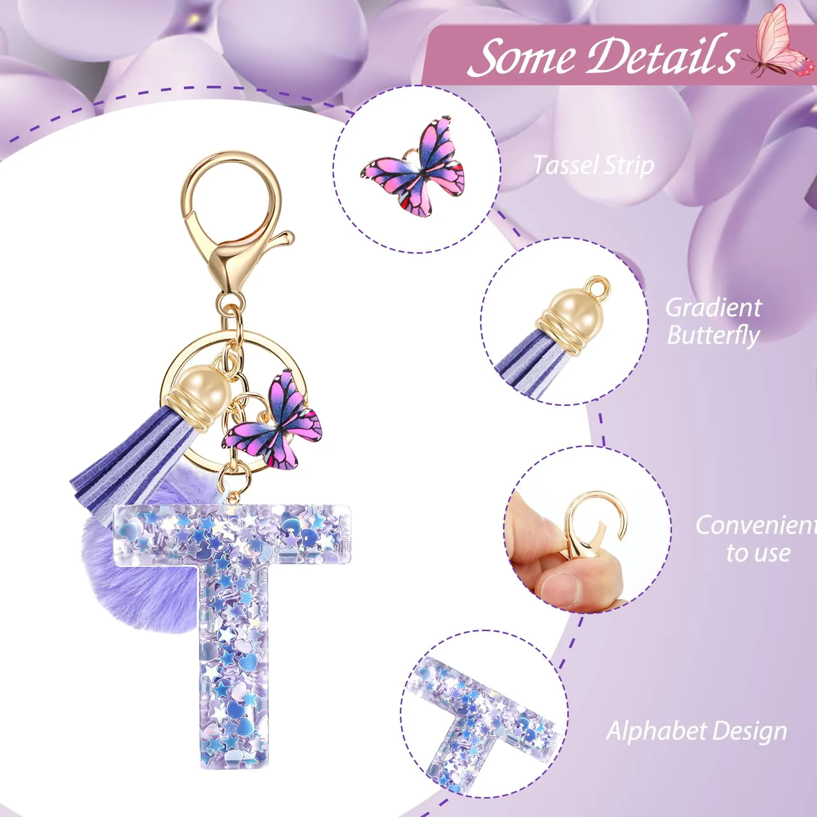 JSRQT Portachiavi da Ragazza Donna Viola Farfallina con Lettera Iniziale Nome T Ciondoli in Resina Personalizzare Regalo Legami Borsa per Auto Chiave Della Porta Macchina Zaino Pendenti Decor - immagine 4