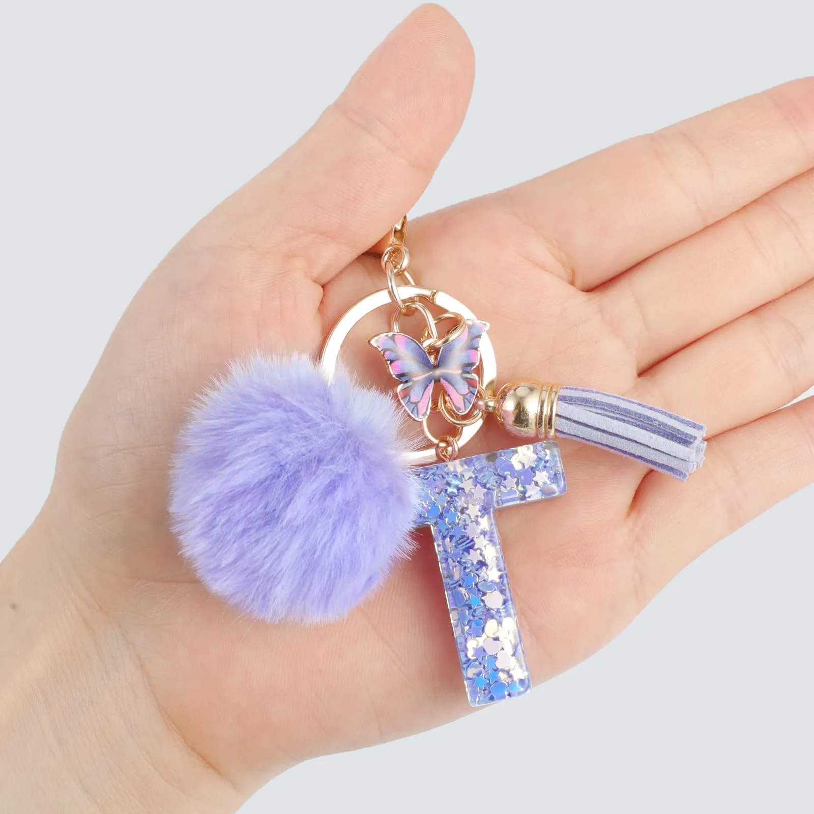 JSRQT Portachiavi da Ragazza Donna Viola Farfallina con Lettera Iniziale Nome T Ciondoli in Resina Personalizzare Regalo Legami Borsa per Auto Chiave Della Porta Macchina Zaino Pendenti Decor - immagine 6