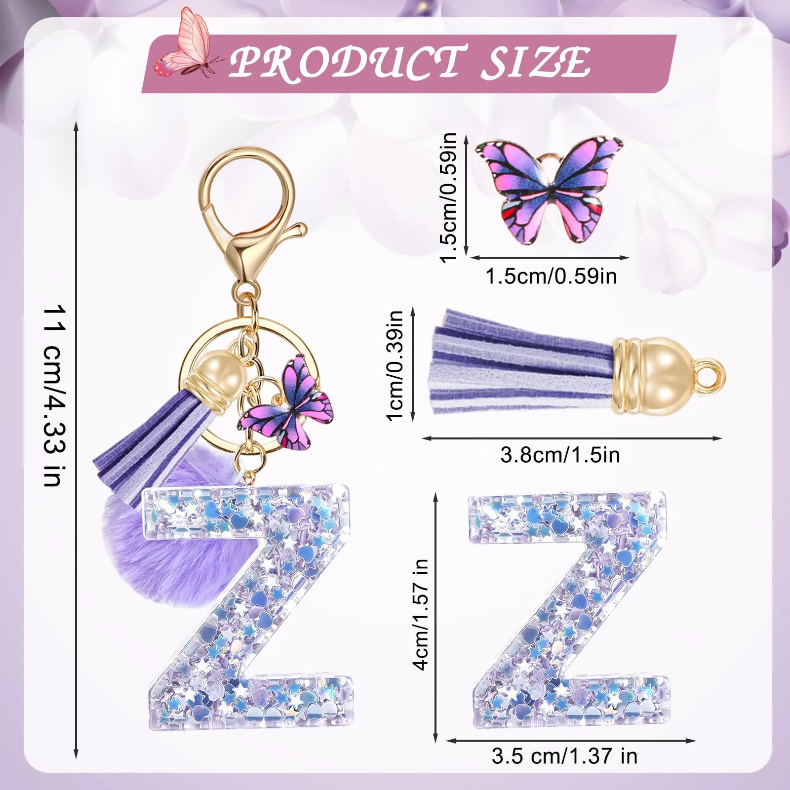 JSRQT Portachiavi da Ragazza Donna Viola Farfallina con Lettera Iniziale Nome Z Ciondoli in Resina Personalizzare Regalo Legami Borsa per Auto Chiave Della Porta Macchina Zaino Pendenti Decor - immagine 2