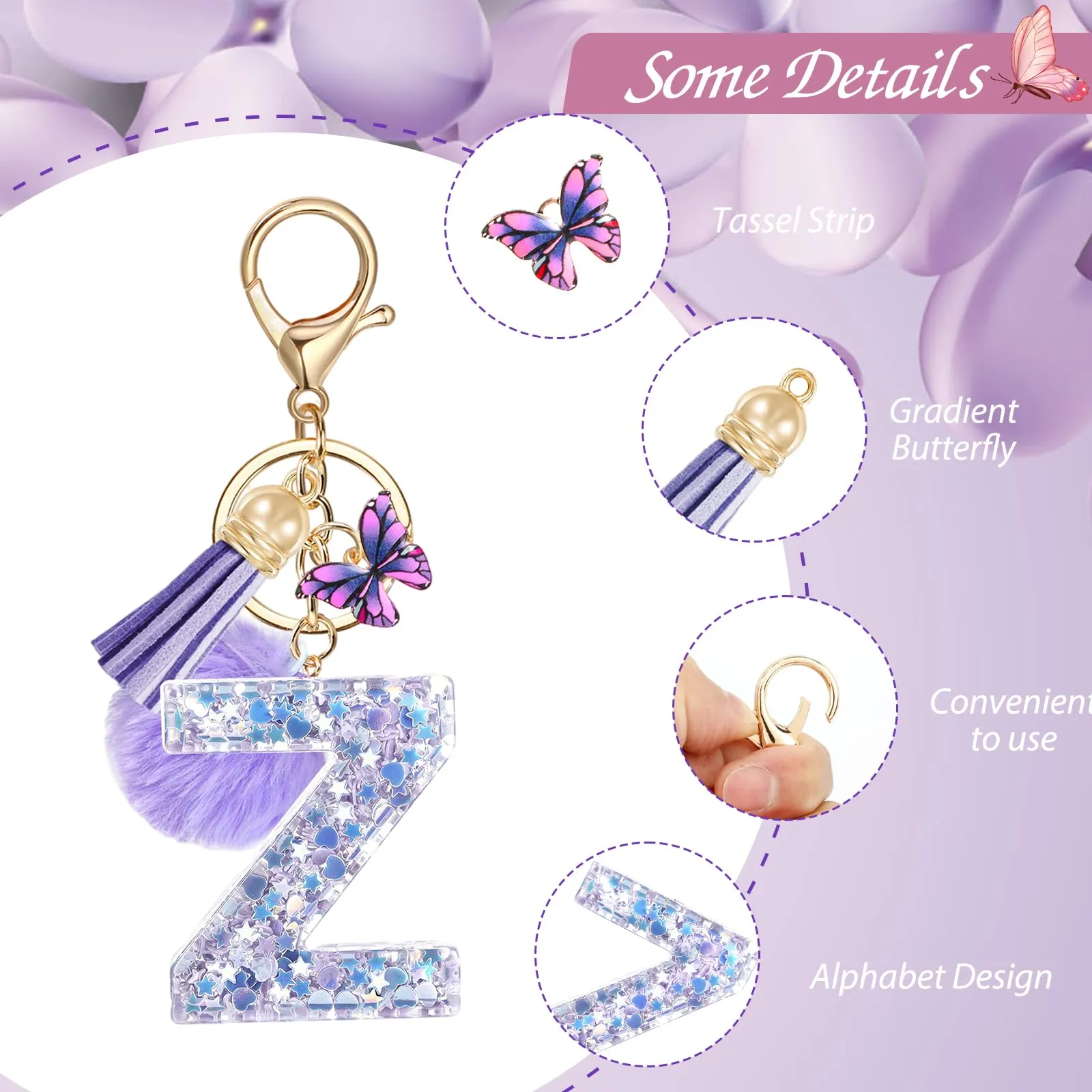 JSRQT Portachiavi da Ragazza Donna Viola Farfallina con Lettera Iniziale Nome Z Ciondoli in Resina Personalizzare Regalo Legami Borsa per Auto Chiave Della Porta Macchina Zaino Pendenti Decor - immagine 4