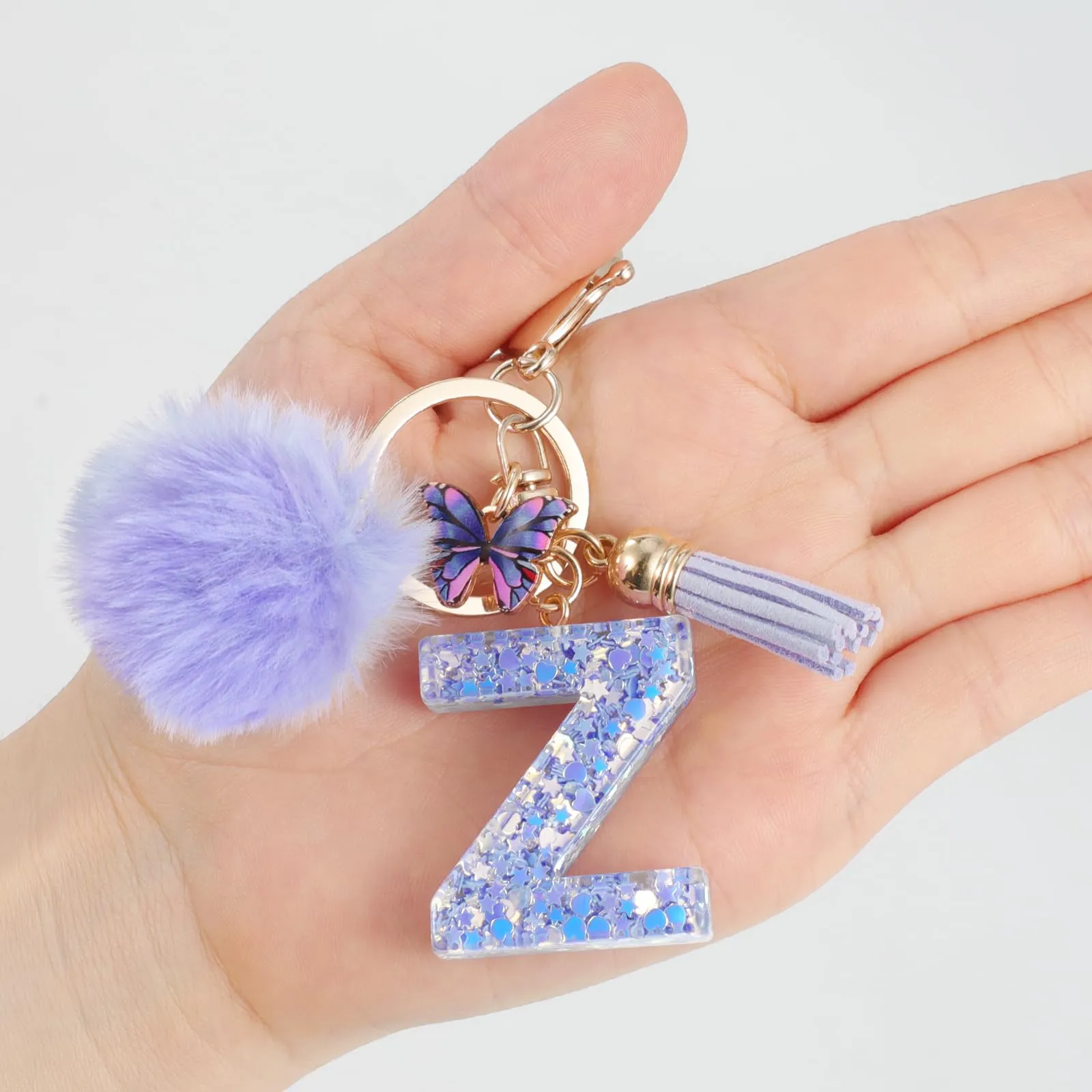 JSRQT Portachiavi da Ragazza Donna Viola Farfallina con Lettera Iniziale Nome Z Ciondoli in Resina Personalizzare Regalo Legami Borsa per Auto Chiave Della Porta Macchina Zaino Pendenti Decor - immagine 6