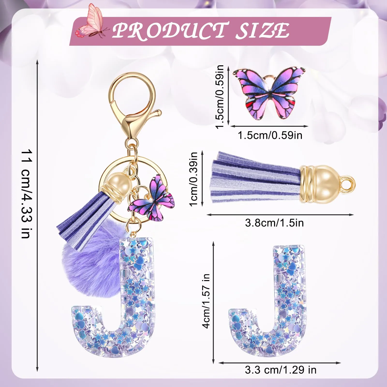 JSRQT Portachiavi da Ragazza Donna Viola Farfallina con Lettera Iniziale Nome J Ciondoli in Resina Personalizzare Regalo Legami Borsa per Auto Chiave Della Porta Macchina Zaino Pendenti Decor - immagine 2