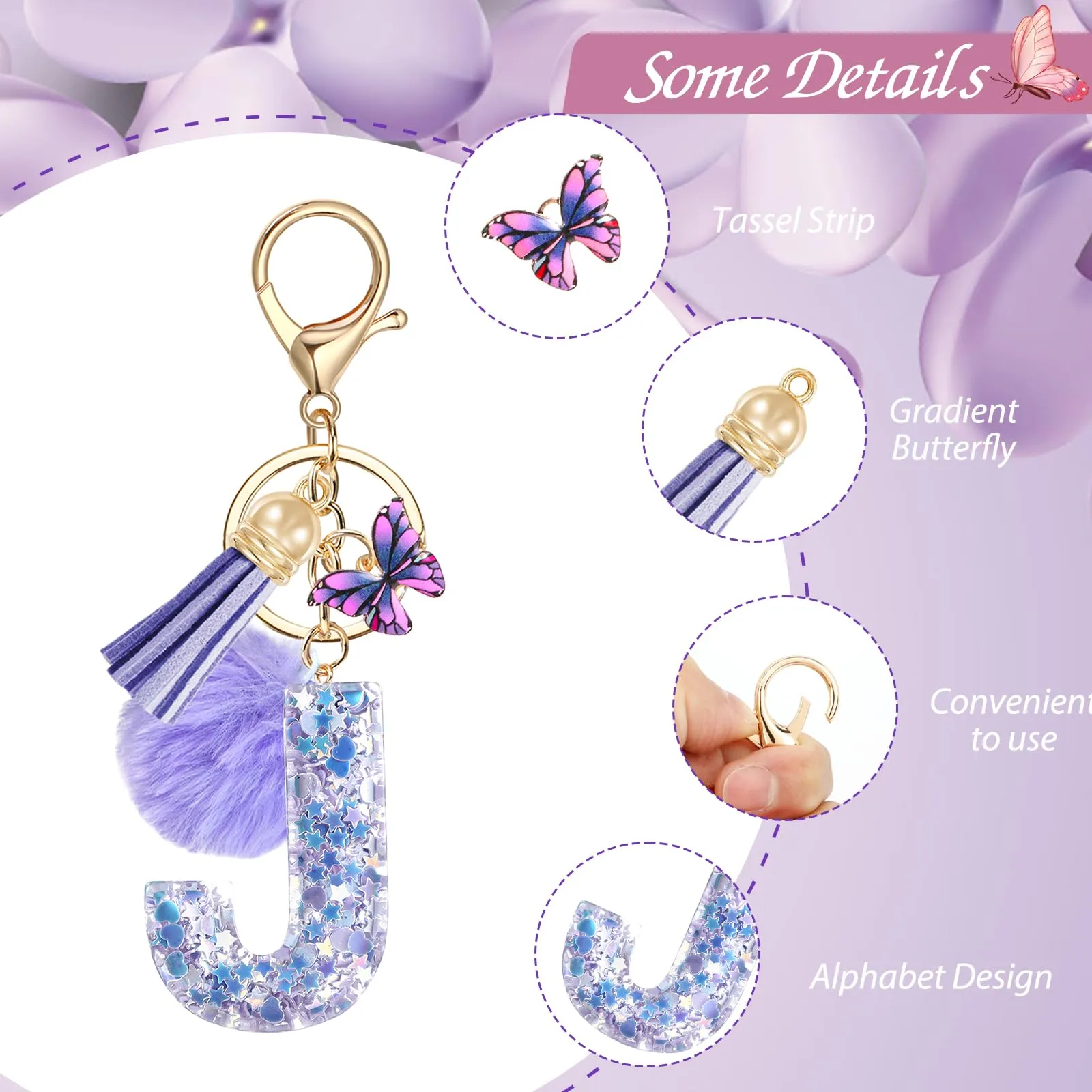 JSRQT Portachiavi da Ragazza Donna Viola Farfallina con Lettera Iniziale Nome J Ciondoli in Resina Personalizzare Regalo Legami Borsa per Auto Chiave Della Porta Macchina Zaino Pendenti Decor - immagine 4
