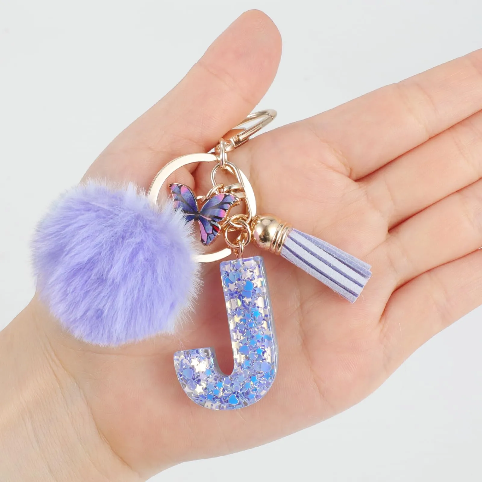 JSRQT Portachiavi da Ragazza Donna Viola Farfallina con Lettera Iniziale Nome J Ciondoli in Resina Personalizzare Regalo Legami Borsa per Auto Chiave Della Porta Macchina Zaino Pendenti Decor - immagine 6