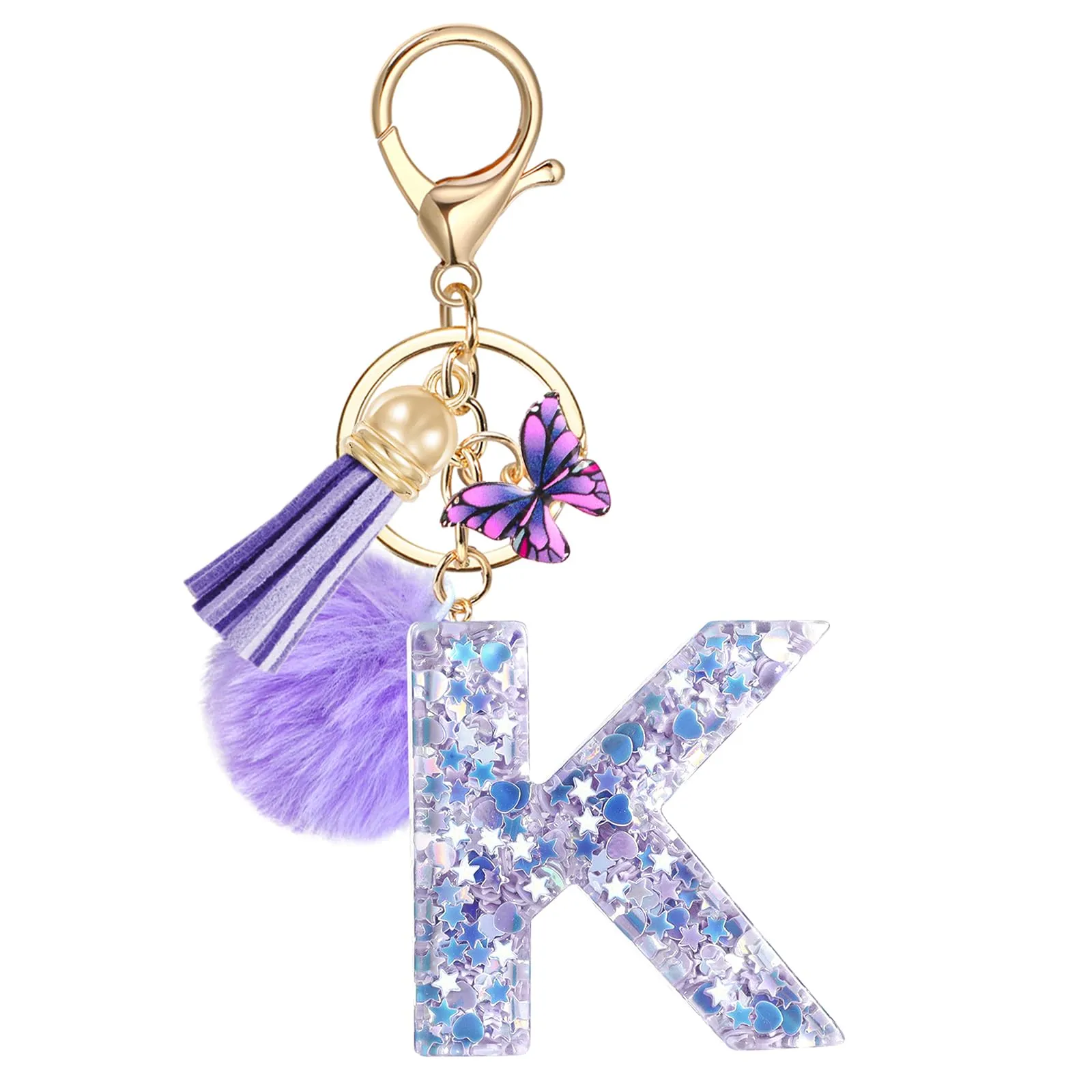 JSRQT Portachiavi da Ragazza Donna Viola Farfallina con Lettera Iniziale Nome K Ciondoli in Resina Personalizzare Regalo Legami Borsa per Auto Chiave Della Porta Macchina Zaino Pendenti Decor - immagine 1