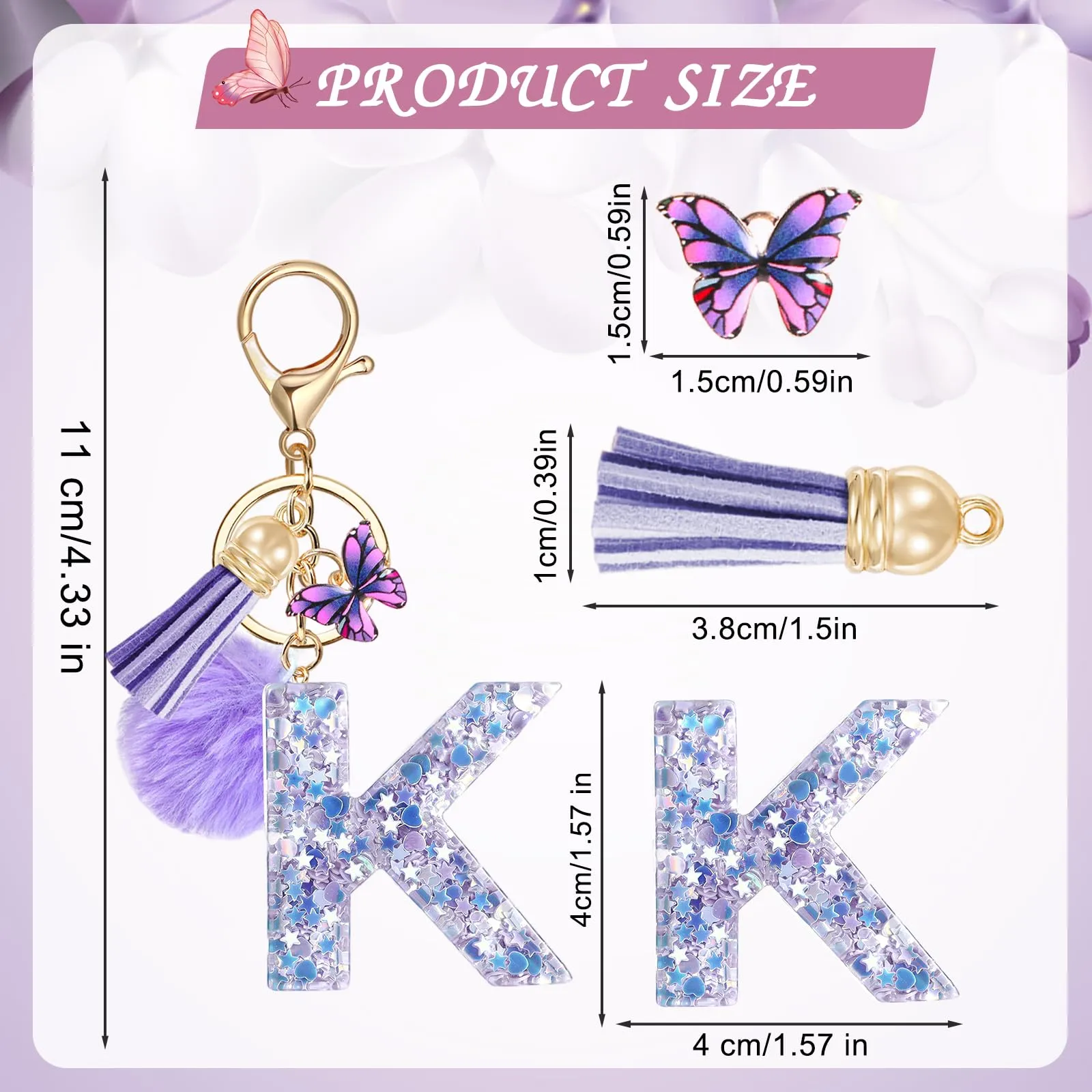 JSRQT Portachiavi da Ragazza Donna Viola Farfallina con Lettera Iniziale Nome K Ciondoli in Resina Personalizzare Regalo Legami Borsa per Auto Chiave Della Porta Macchina Zaino Pendenti Decor - immagine 2