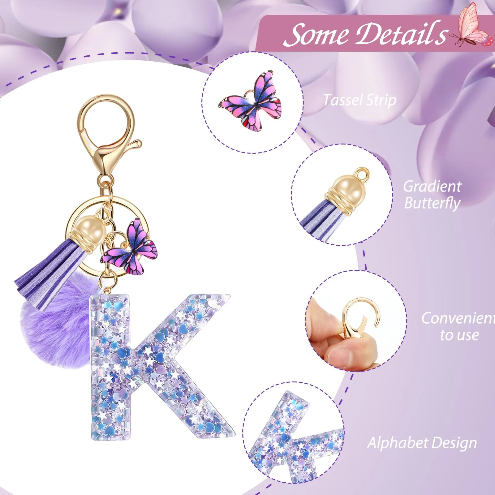 JSRQT Portachiavi da Ragazza Donna Viola Farfallina con Lettera Iniziale Nome K Ciondoli in Resina Personalizzare Regalo Legami Borsa per Auto Chiave Della Porta Macchina Zaino Pendenti Decor - immagine 4