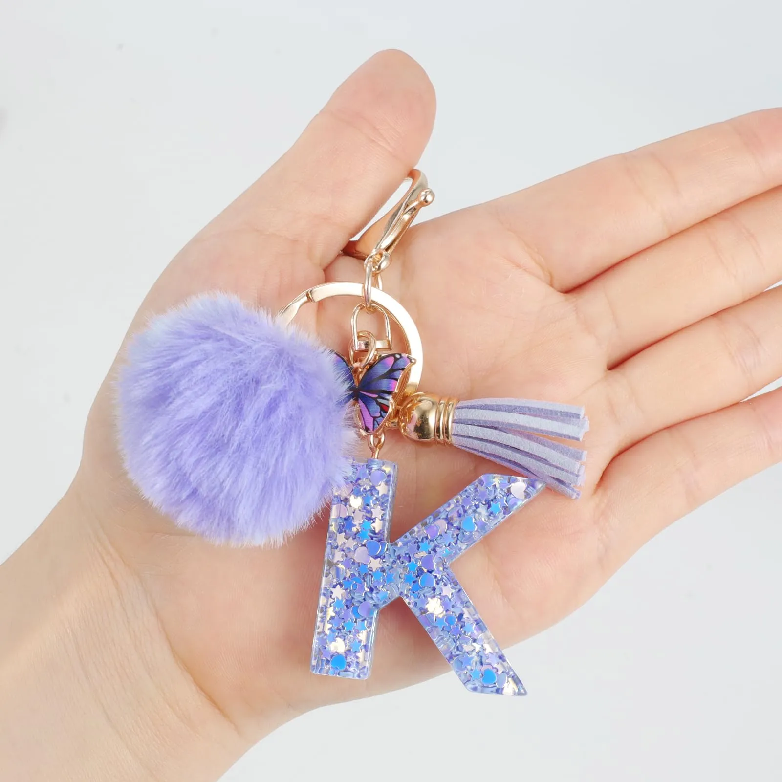 JSRQT Portachiavi da Ragazza Donna Viola Farfallina con Lettera Iniziale Nome K Ciondoli in Resina Personalizzare Regalo Legami Borsa per Auto Chiave Della Porta Macchina Zaino Pendenti Decor - immagine 6