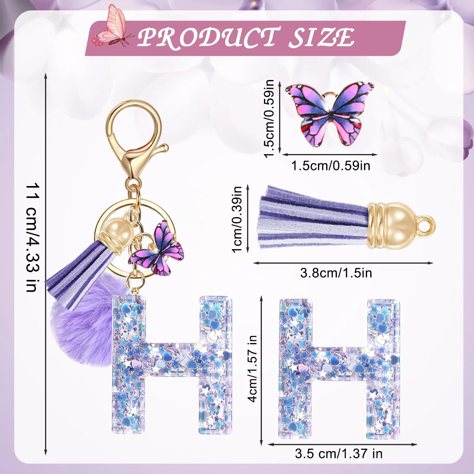 JSRQT Portachiavi da Ragazza Donna Viola Farfallina con Lettera Iniziale Nome H Ciondoli in Resina Personalizzare Regalo Legami Borsa per Auto Chiave Della Porta Macchina Zaino Pendenti Decor - immagine 2