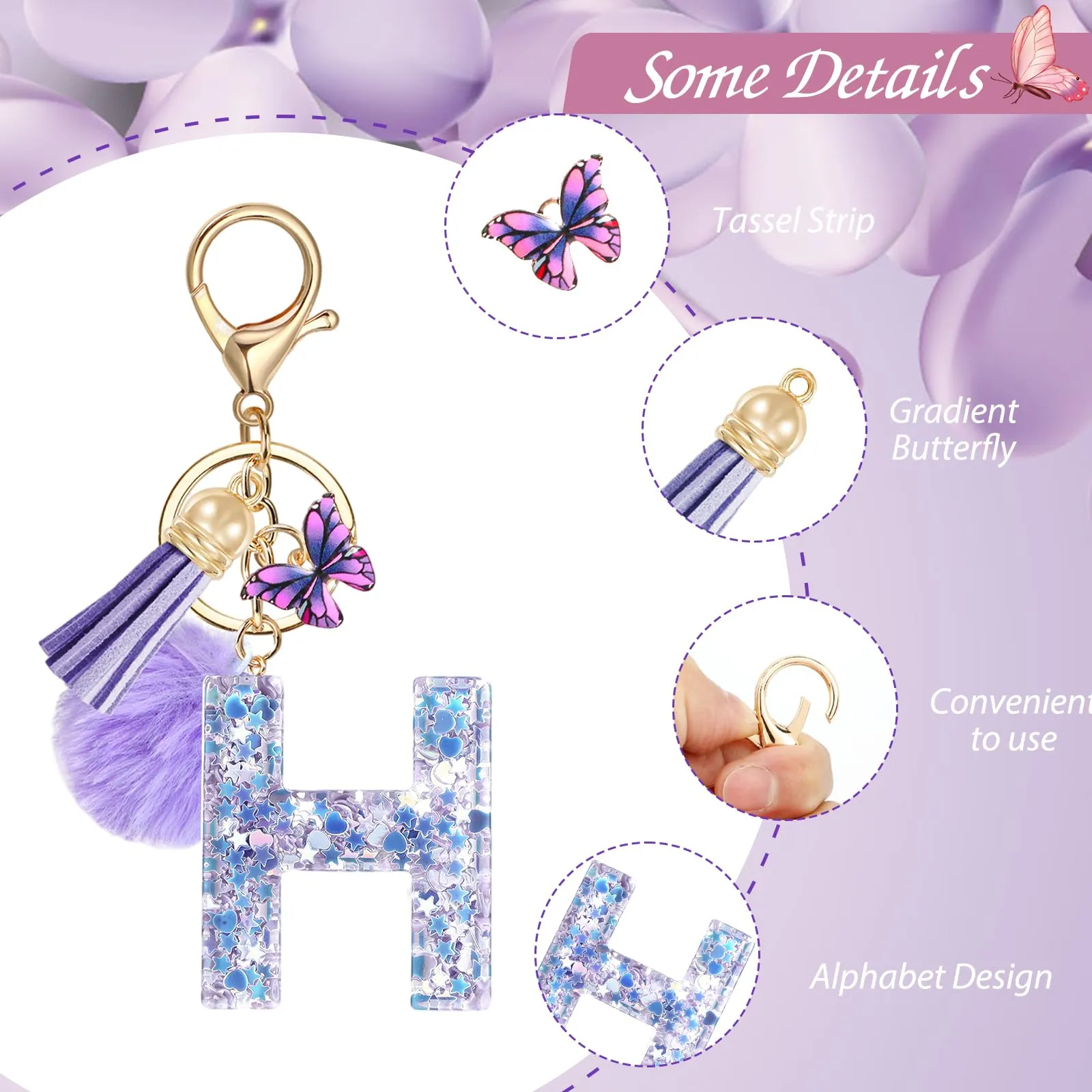 JSRQT Portachiavi da Ragazza Donna Viola Farfallina con Lettera Iniziale Nome H Ciondoli in Resina Personalizzare Regalo Legami Borsa per Auto Chiave Della Porta Macchina Zaino Pendenti Decor - immagine 4