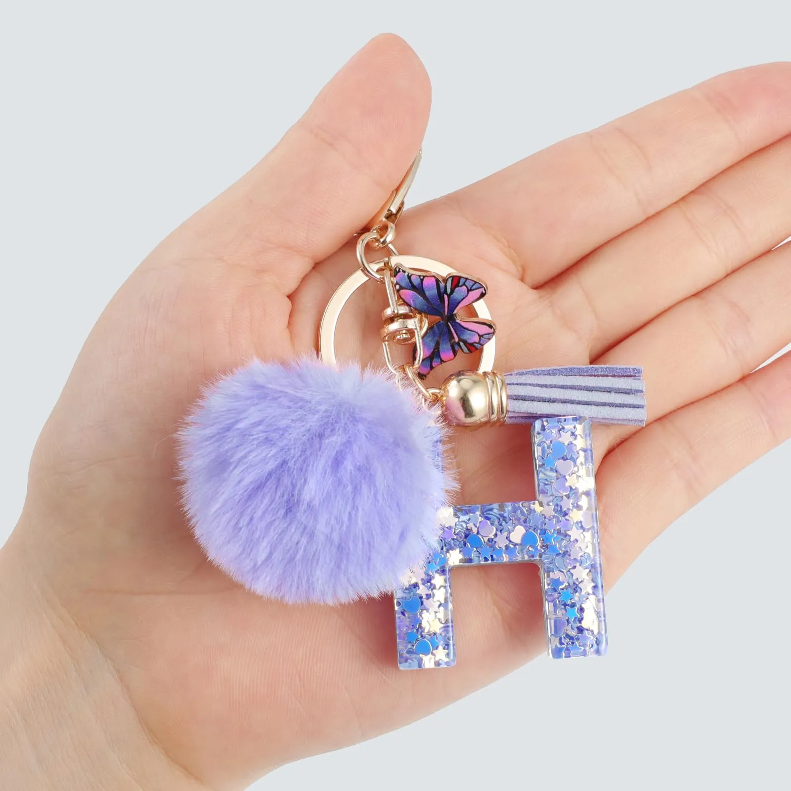 JSRQT Portachiavi da Ragazza Donna Viola Farfallina con Lettera Iniziale Nome H Ciondoli in Resina Personalizzare Regalo Legami Borsa per Auto Chiave Della Porta Macchina Zaino Pendenti Decor - immagine 5