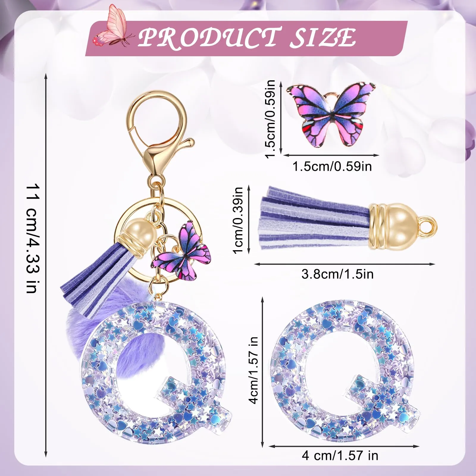 JSRQT Portachiavi da Ragazza Donna Viola Farfallina con Lettera Iniziale Nome Q Ciondoli in Resina Personalizzare Regalo Legami Borsa per Auto Chiave Della Porta Macchina Zaino Pendenti Decor - immagine 2