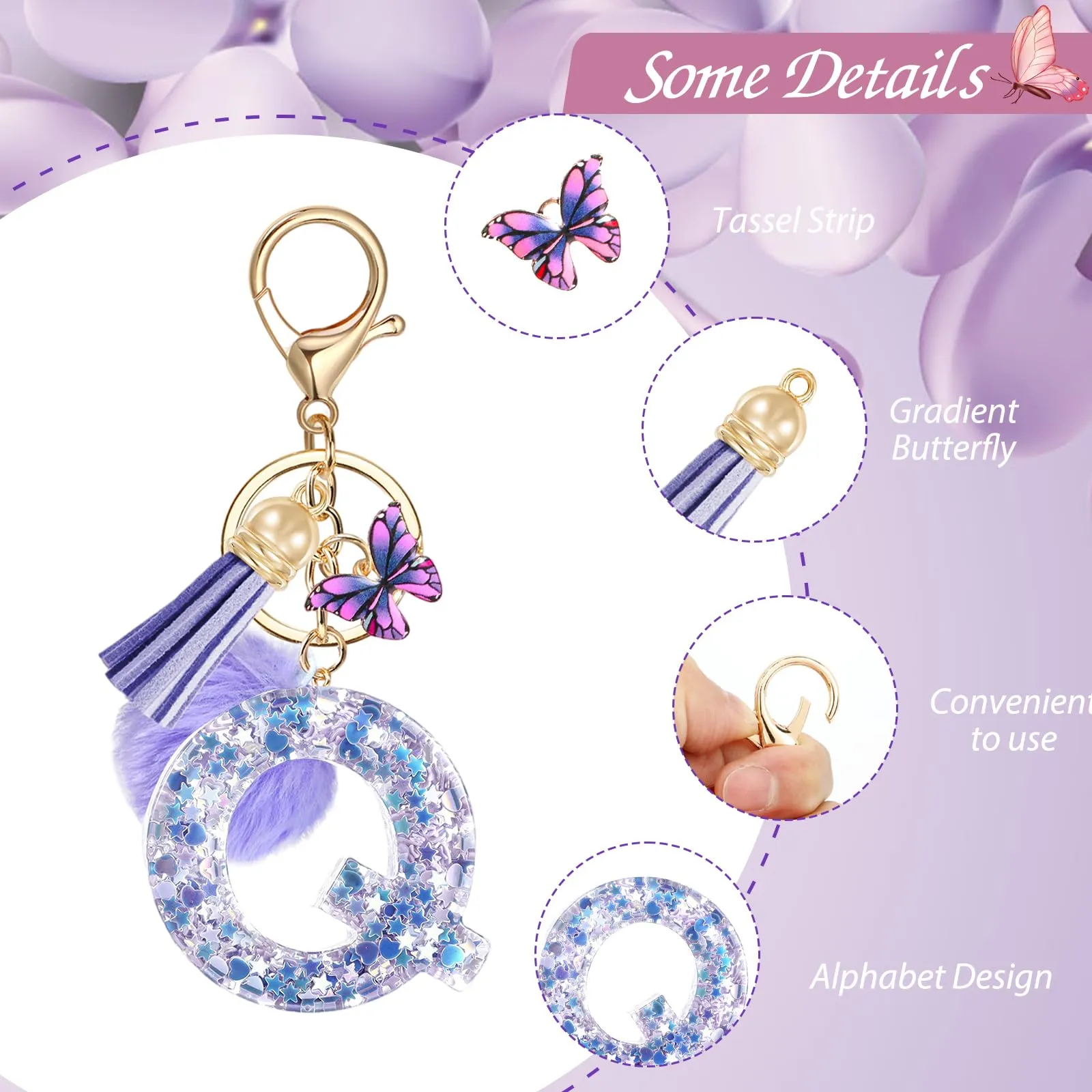 JSRQT Portachiavi da Ragazza Donna Viola Farfallina con Lettera Iniziale Nome Q Ciondoli in Resina Personalizzare Regalo Legami Borsa per Auto Chiave Della Porta Macchina Zaino Pendenti Decor - immagine 4