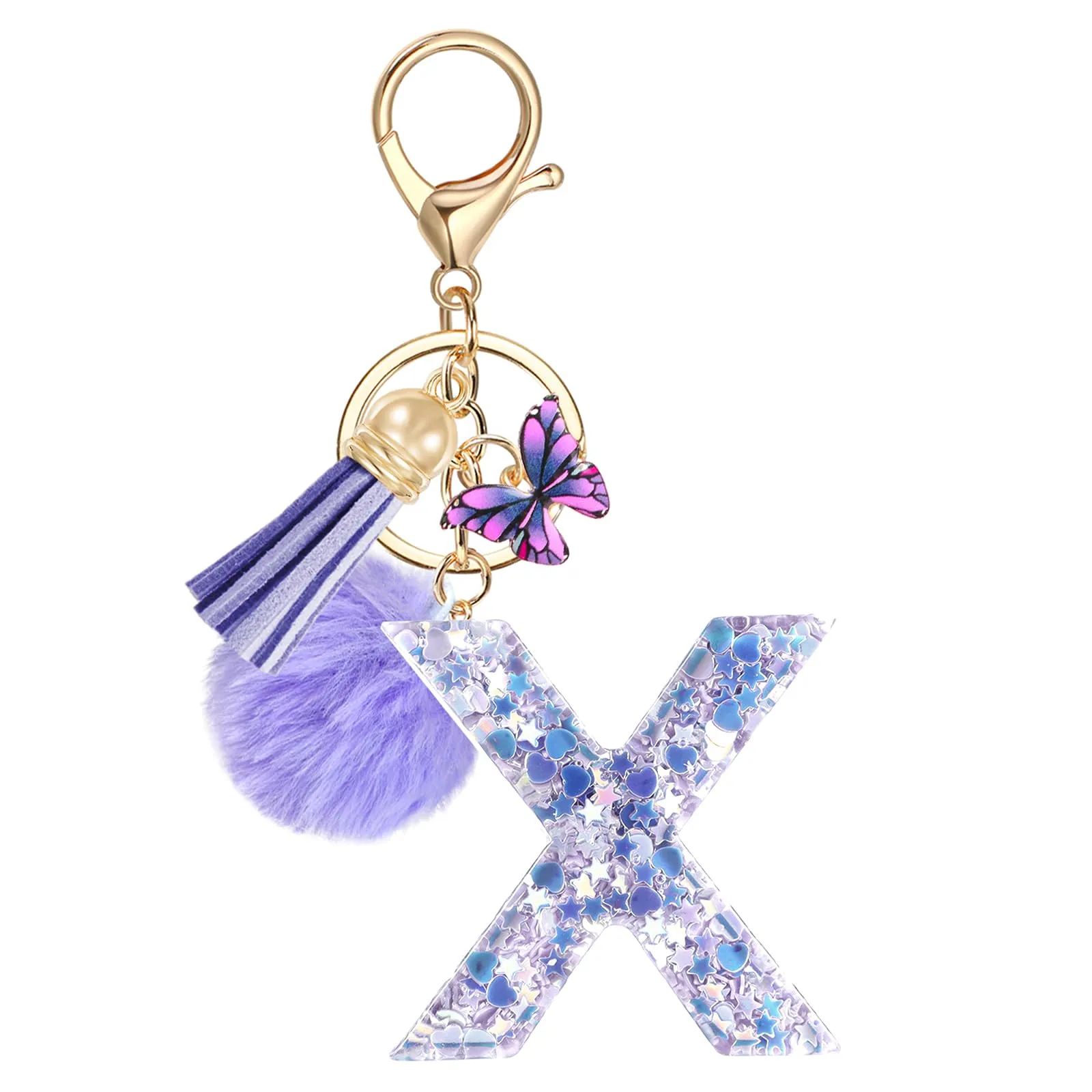JSRQT Portachiavi da Ragazza Donna Viola Farfallina con Lettera Iniziale Nome X Ciondoli in Resina Personalizzare Regalo Legami Borsa per Auto Chiave Della Porta Macchina Zaino Pendenti Decor - immagine 1