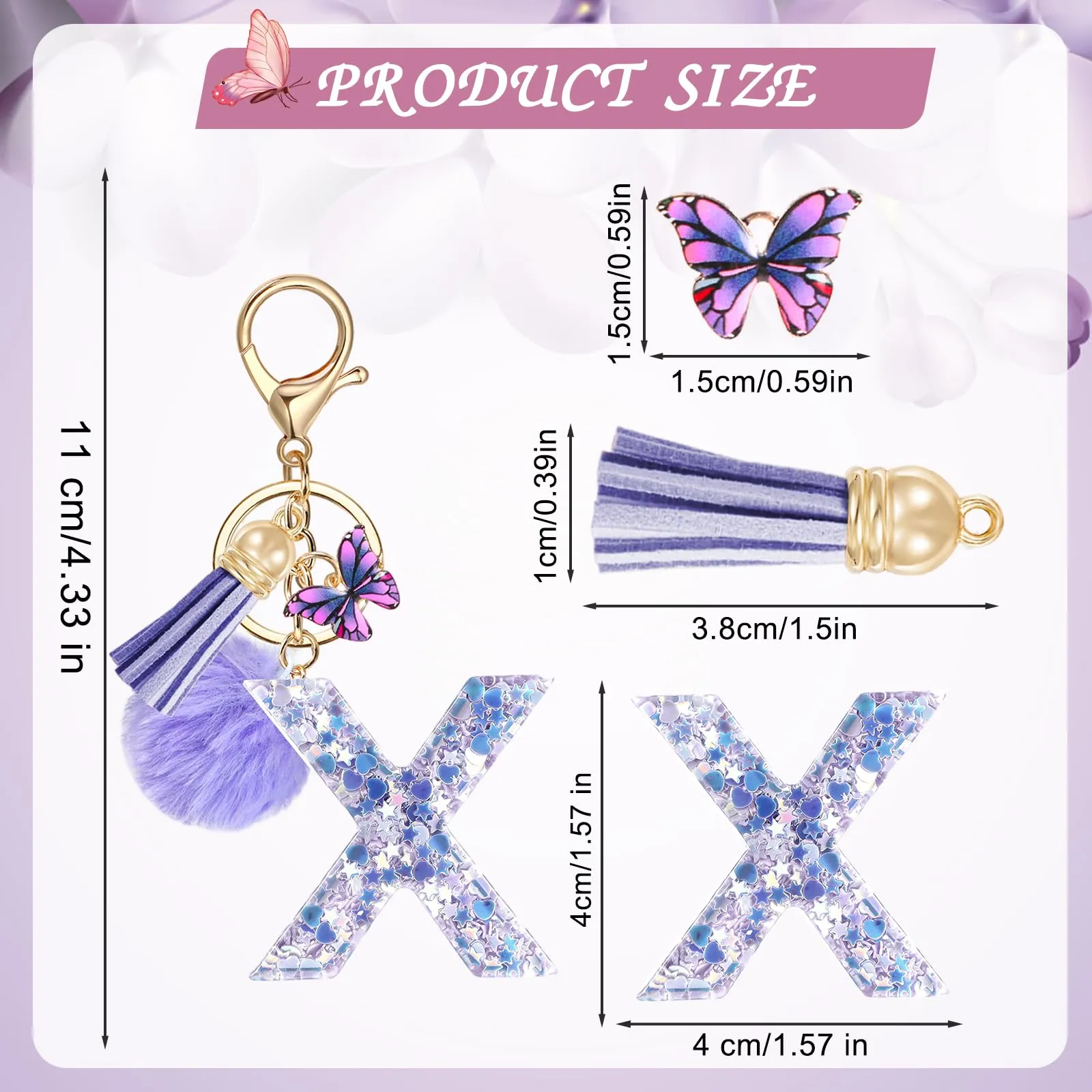 JSRQT Portachiavi da Ragazza Donna Viola Farfallina con Lettera Iniziale Nome X Ciondoli in Resina Personalizzare Regalo Legami Borsa per Auto Chiave Della Porta Macchina Zaino Pendenti Decor - immagine 2
