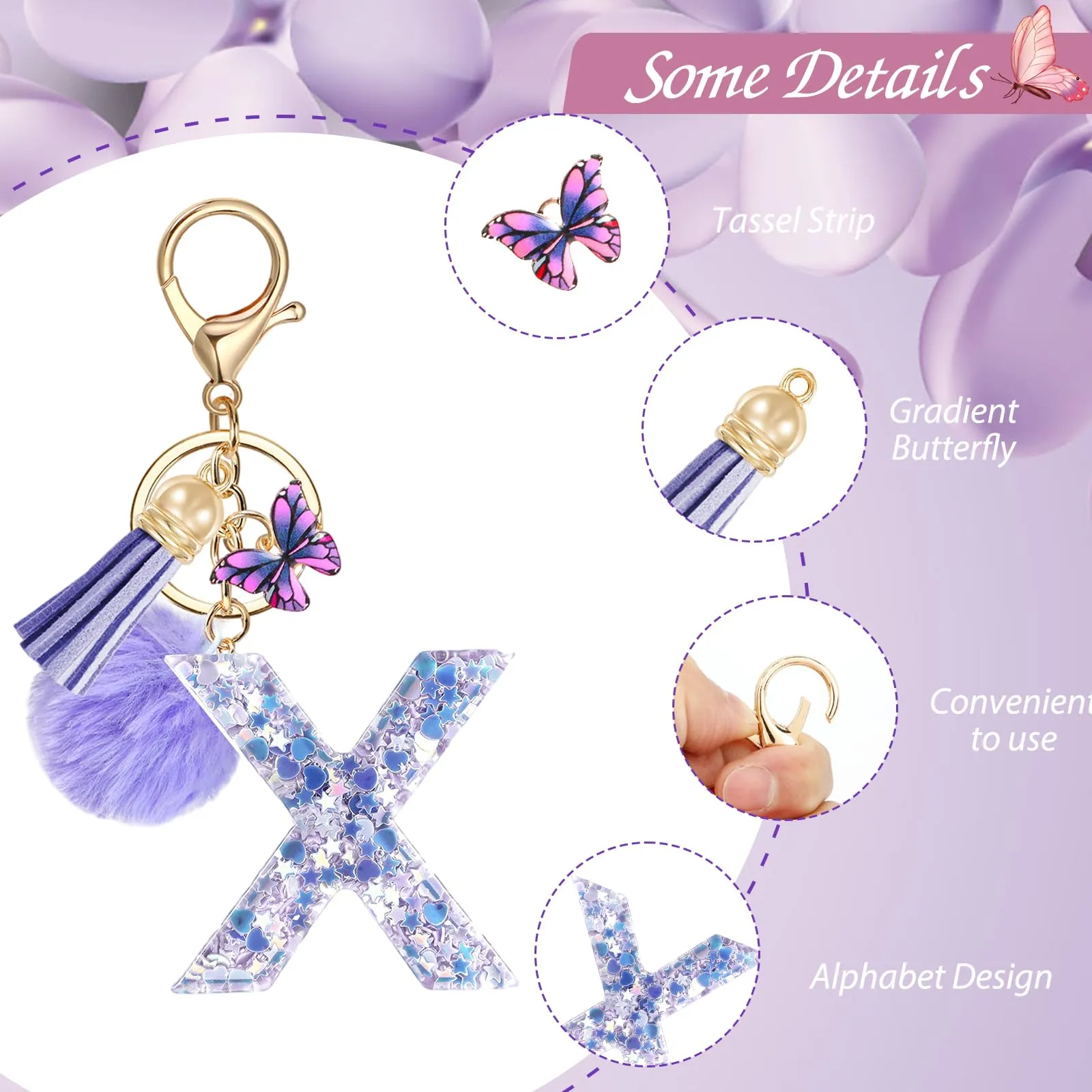 JSRQT Portachiavi da Ragazza Donna Viola Farfallina con Lettera Iniziale Nome X Ciondoli in Resina Personalizzare Regalo Legami Borsa per Auto Chiave Della Porta Macchina Zaino Pendenti Decor - immagine 4