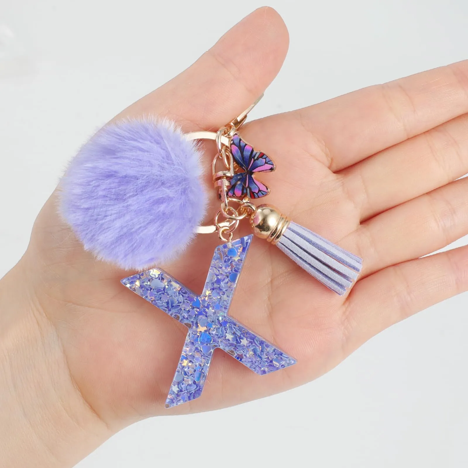 JSRQT Portachiavi da Ragazza Donna Viola Farfallina con Lettera Iniziale Nome X Ciondoli in Resina Personalizzare Regalo Legami Borsa per Auto Chiave Della Porta Macchina Zaino Pendenti Decor - immagine 6