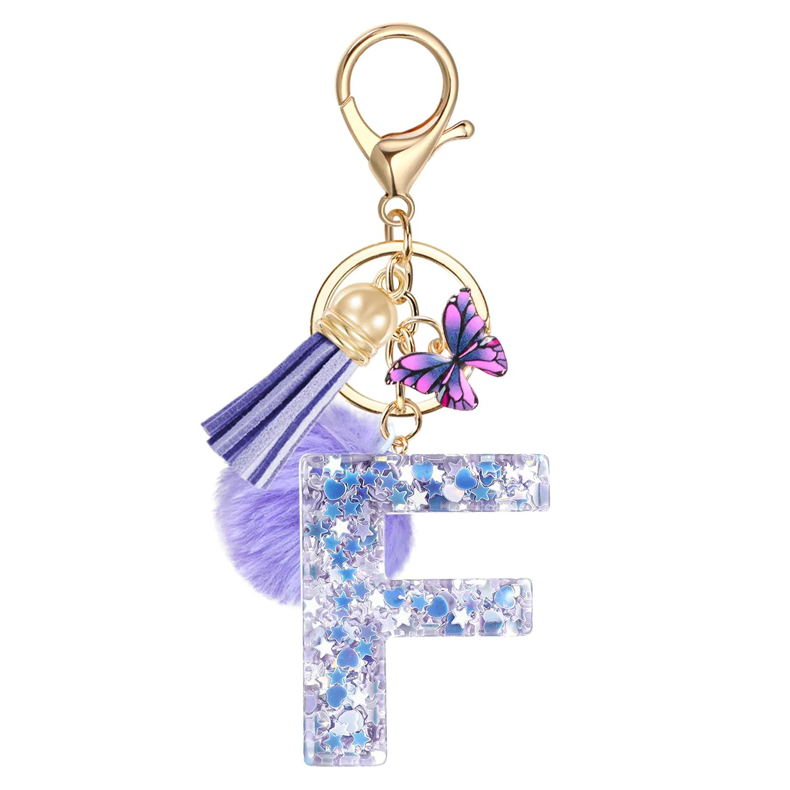 JSRQT Portachiavi da Ragazza Donna Viola Farfallina con Lettera Iniziale Nome F Ciondoli in Resina Personalizzare Regalo Legami Borsa per Auto Chiave Della Porta Macchina Zaino Pendenti Decor - immagine 1