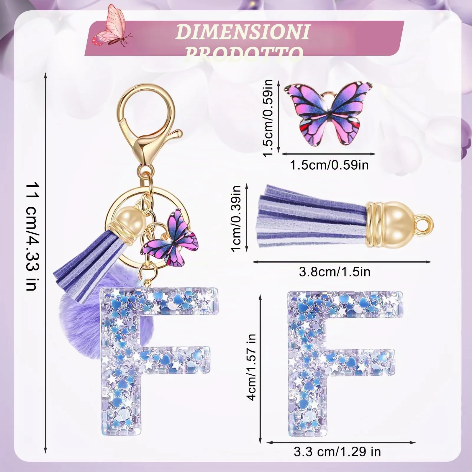 JSRQT Portachiavi da Ragazza Donna Viola Farfallina con Lettera Iniziale Nome F Ciondoli in Resina Personalizzare Regalo Legami Borsa per Auto Chiave Della Porta Macchina Zaino Pendenti Decor - immagine 2