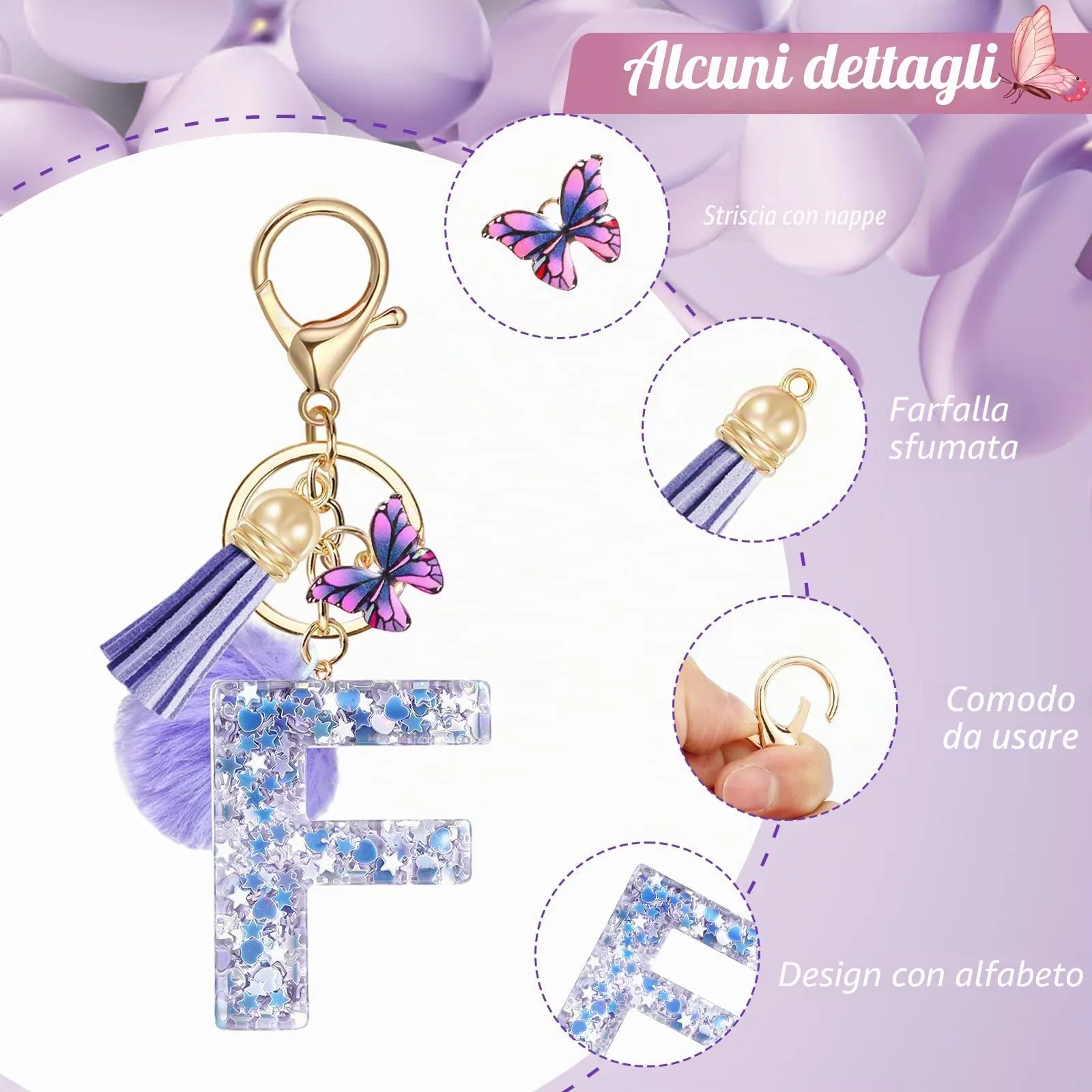 JSRQT Portachiavi da Ragazza Donna Viola Farfallina con Lettera Iniziale Nome F Ciondoli in Resina Personalizzare Regalo Legami Borsa per Auto Chiave Della Porta Macchina Zaino Pendenti Decor - immagine 4