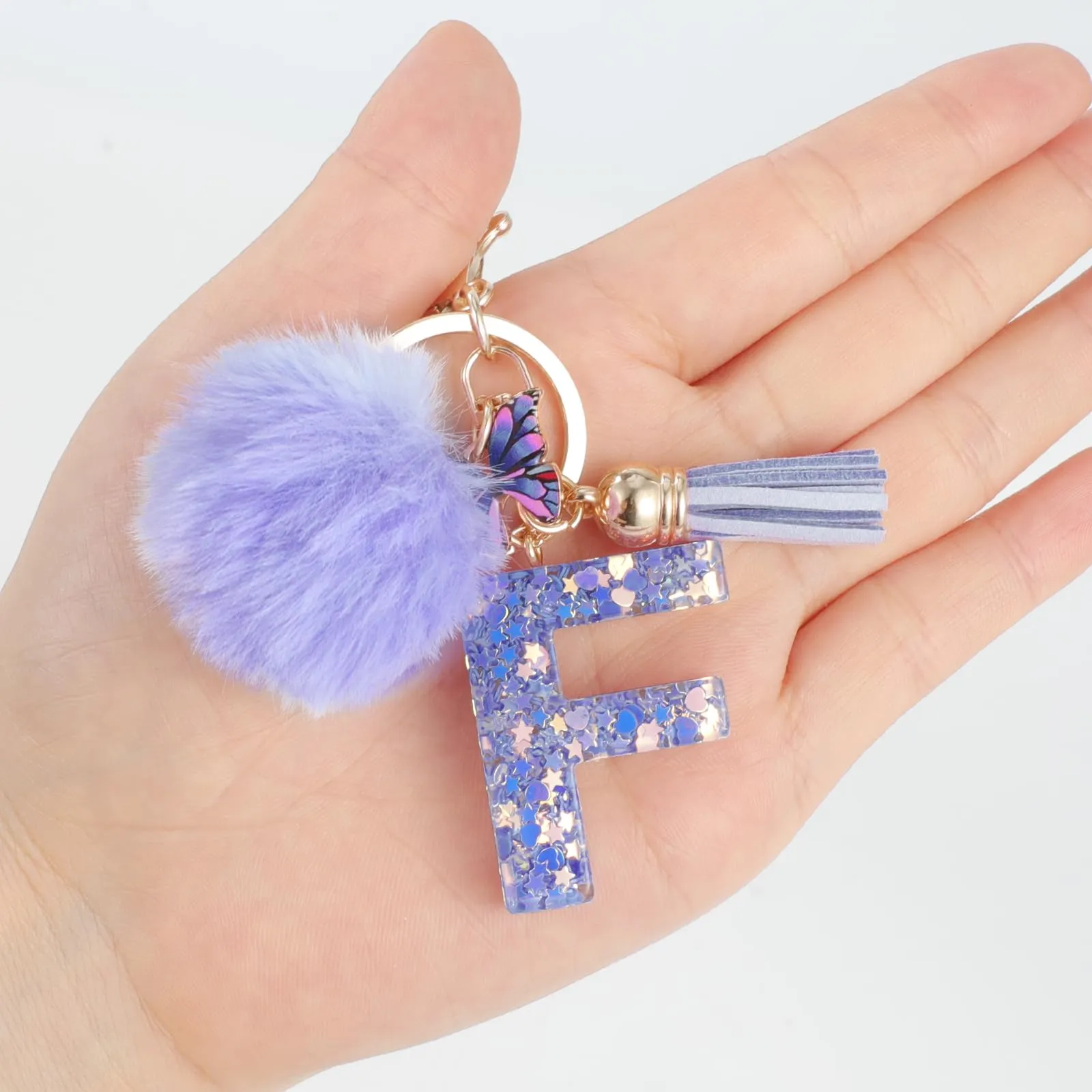 JSRQT Portachiavi da Ragazza Donna Viola Farfallina con Lettera Iniziale Nome F Ciondoli in Resina Personalizzare Regalo Legami Borsa per Auto Chiave Della Porta Macchina Zaino Pendenti Decor - immagine 5