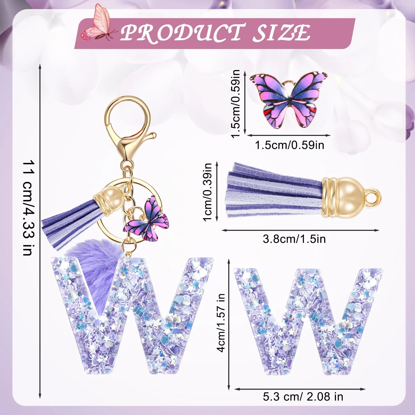 JSRQT Portachiavi da Ragazza Donna Viola Farfallina con Lettera Iniziale Nome W Ciondoli in Resina Personalizzare Regalo Legami Borsa per Auto Chiave Della Porta Macchina Zaino Pendenti Decor - immagine 2
