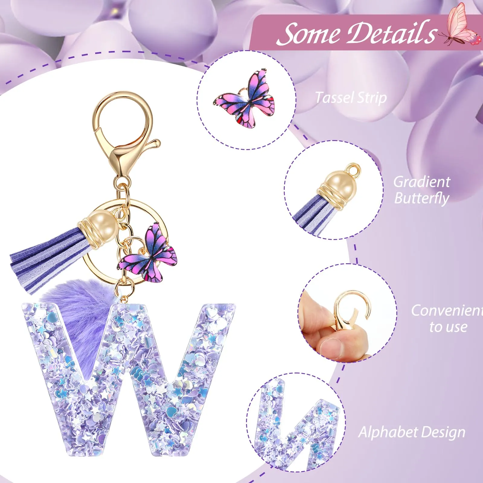 JSRQT Portachiavi da Ragazza Donna Viola Farfallina con Lettera Iniziale Nome W Ciondoli in Resina Personalizzare Regalo Legami Borsa per Auto Chiave Della Porta Macchina Zaino Pendenti Decor - immagine 4