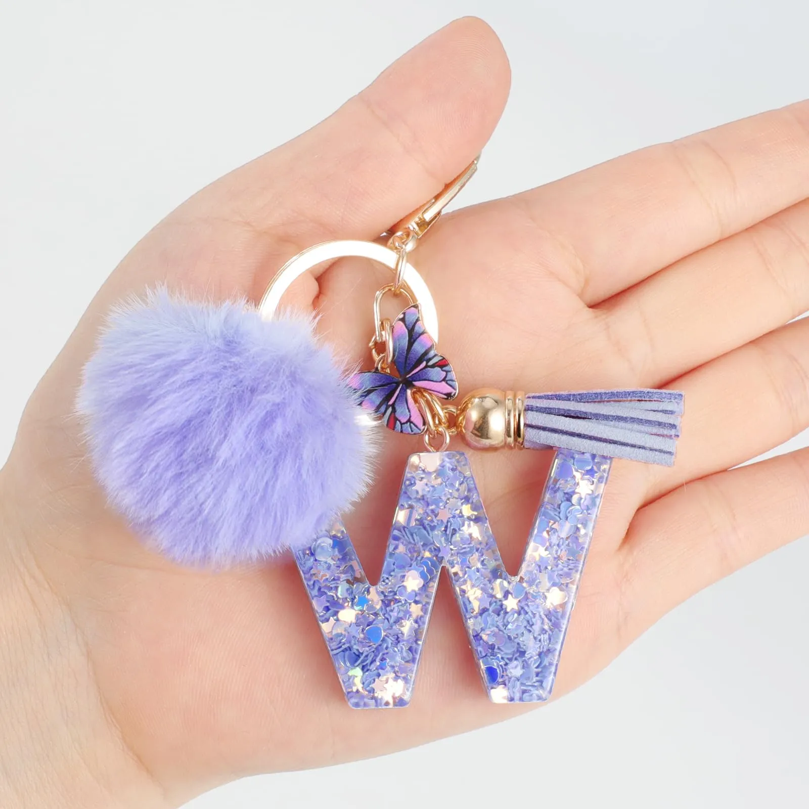 JSRQT Portachiavi da Ragazza Donna Viola Farfallina con Lettera Iniziale Nome W Ciondoli in Resina Personalizzare Regalo Legami Borsa per Auto Chiave Della Porta Macchina Zaino Pendenti Decor - immagine 6
