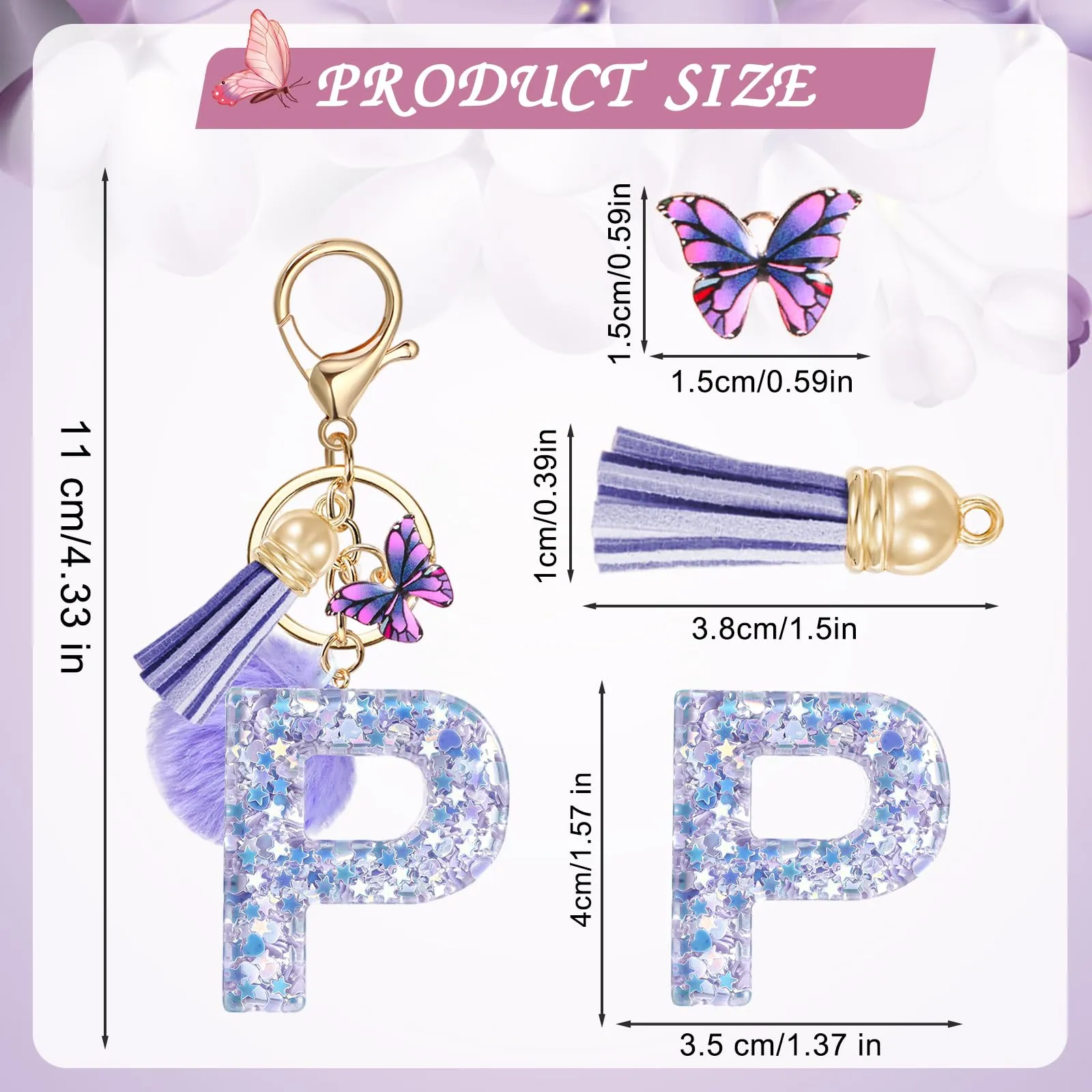 JSRQT Portachiavi da Ragazza Donna Viola Farfallina con Lettera Iniziale Nome P Ciondoli in Resina Personalizzare Regalo Legami Borsa per Auto Chiave Della Porta Macchina Zaino Pendenti Decor - immagine 2