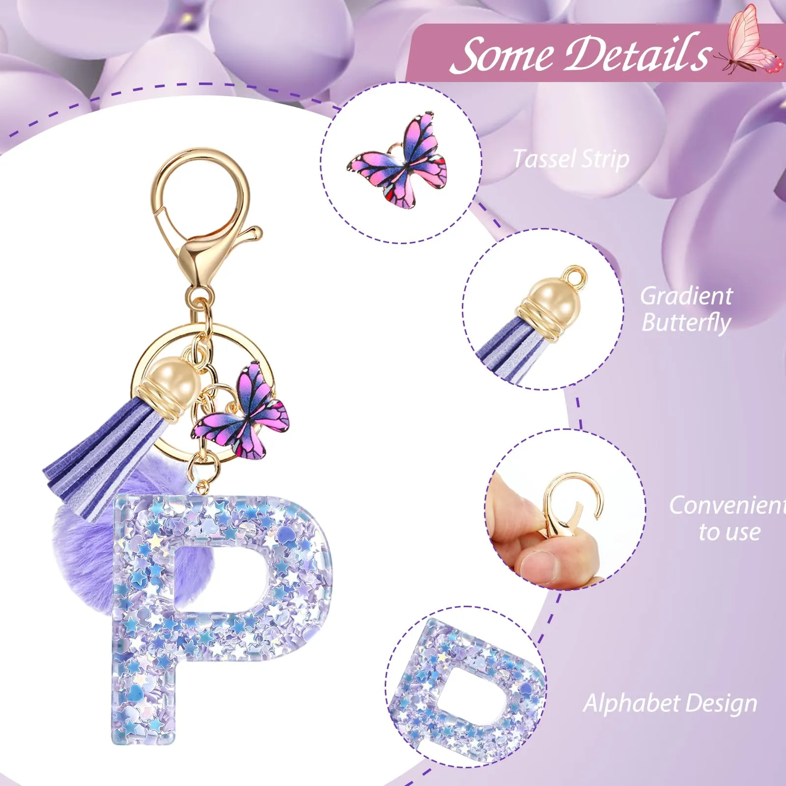 JSRQT Portachiavi da Ragazza Donna Viola Farfallina con Lettera Iniziale Nome P Ciondoli in Resina Personalizzare Regalo Legami Borsa per Auto Chiave Della Porta Macchina Zaino Pendenti Decor - immagine 4