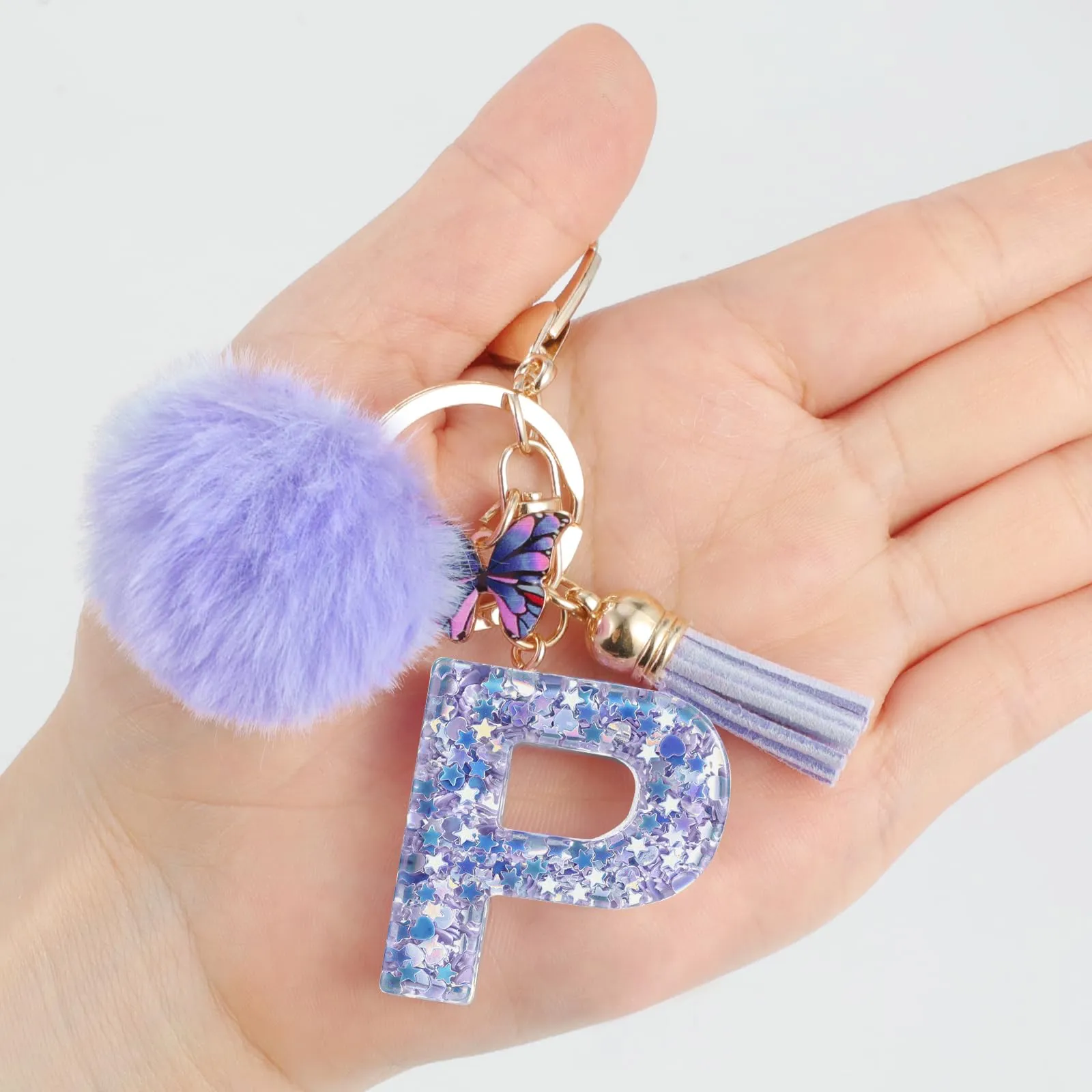 JSRQT Portachiavi da Ragazza Donna Viola Farfallina con Lettera Iniziale Nome P Ciondoli in Resina Personalizzare Regalo Legami Borsa per Auto Chiave Della Porta Macchina Zaino Pendenti Decor - immagine 6