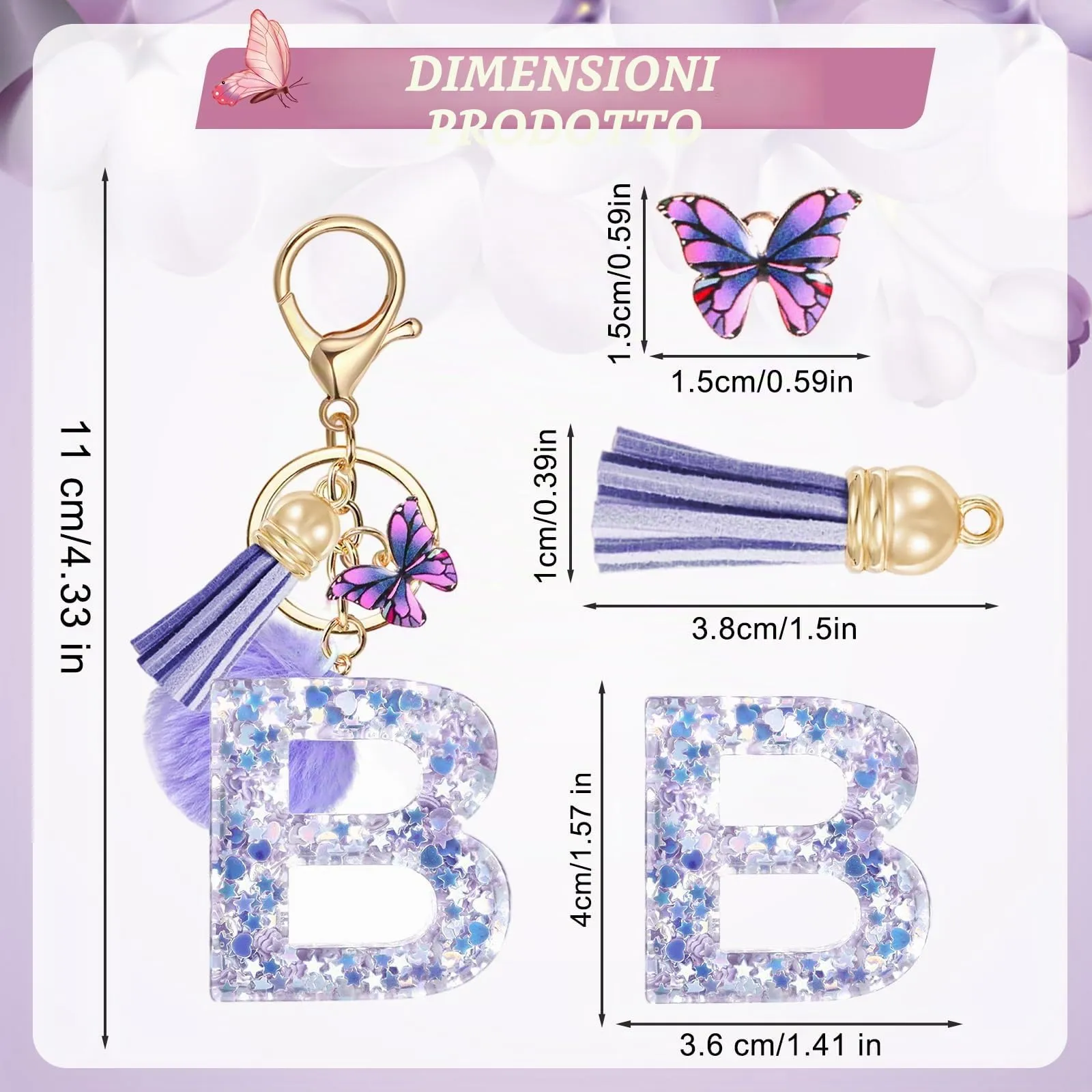 JSRQT Portachiavi da Ragazza Donna Viola Farfallina con Lettera Iniziale Nome B Ciondoli in Resina Personalizzare Regalo Legami Borsa per Auto Chiave Della Porta Macchina Zaino Pendenti Decor - immagine 2