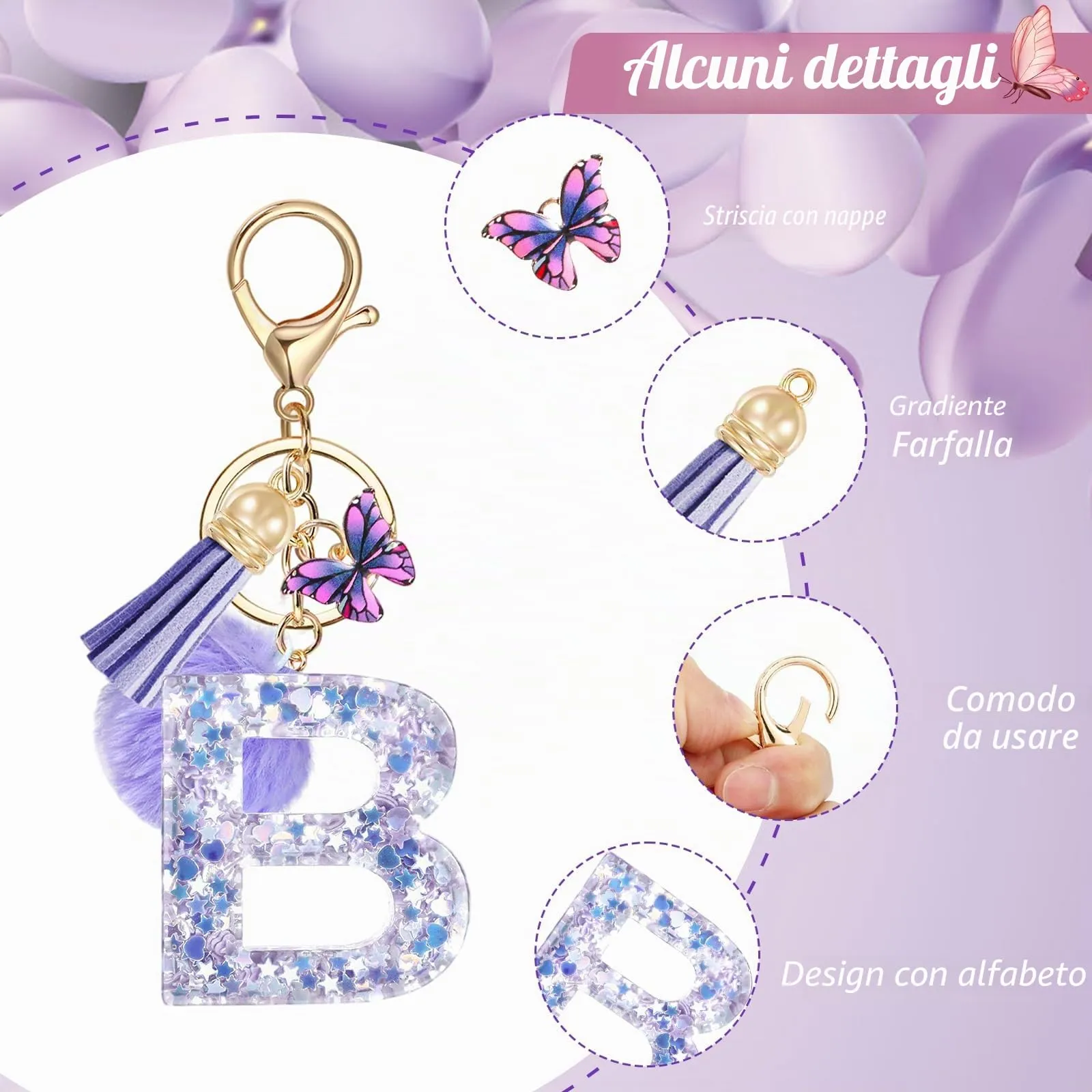 JSRQT Portachiavi da Ragazza Donna Viola Farfallina con Lettera Iniziale Nome B Ciondoli in Resina Personalizzare Regalo Legami Borsa per Auto Chiave Della Porta Macchina Zaino Pendenti Decor - immagine 4