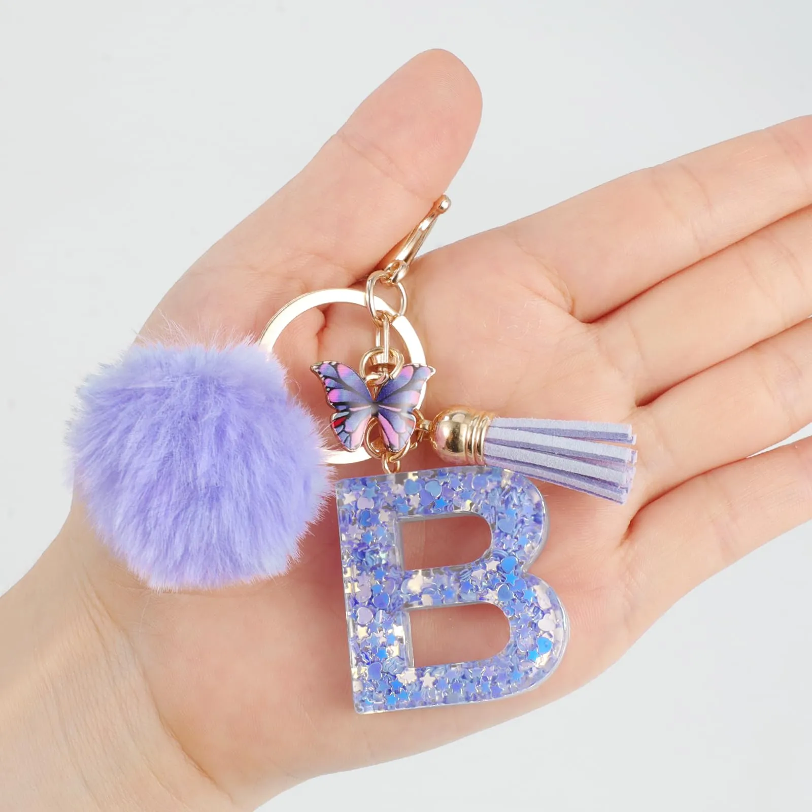 JSRQT Portachiavi da Ragazza Donna Viola Farfallina con Lettera Iniziale Nome B Ciondoli in Resina Personalizzare Regalo Legami Borsa per Auto Chiave Della Porta Macchina Zaino Pendenti Decor - immagine 5