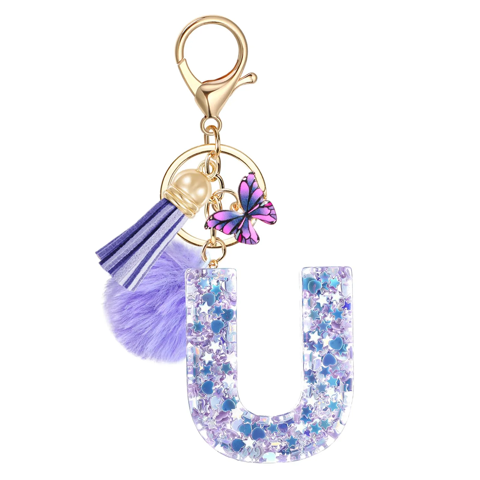JSRQT Portachiavi da Ragazza Donna Viola Farfallina con Lettera Iniziale Nome U Ciondoli in Resina Personalizzare Regalo Legami Borsa per Auto Chiave Della Porta Macchina Zaino Pendenti Decor - immagine 1