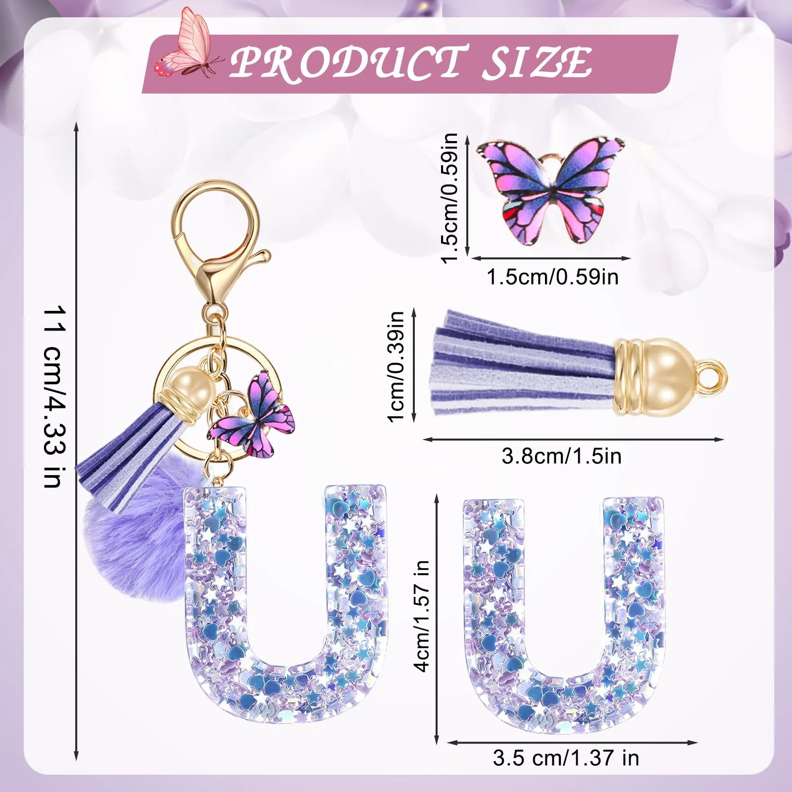 JSRQT Portachiavi da Ragazza Donna Viola Farfallina con Lettera Iniziale Nome U Ciondoli in Resina Personalizzare Regalo Legami Borsa per Auto Chiave Della Porta Macchina Zaino Pendenti Decor - immagine 2