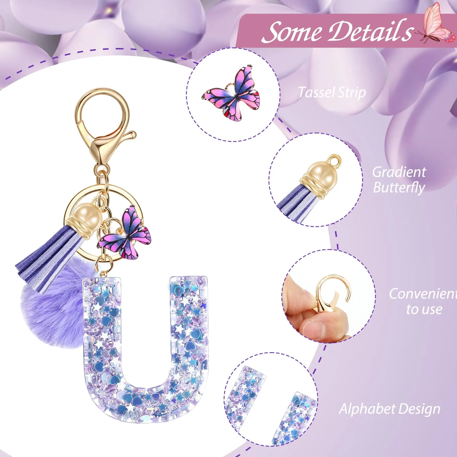 JSRQT Portachiavi da Ragazza Donna Viola Farfallina con Lettera Iniziale Nome U Ciondoli in Resina Personalizzare Regalo Legami Borsa per Auto Chiave Della Porta Macchina Zaino Pendenti Decor - immagine 4