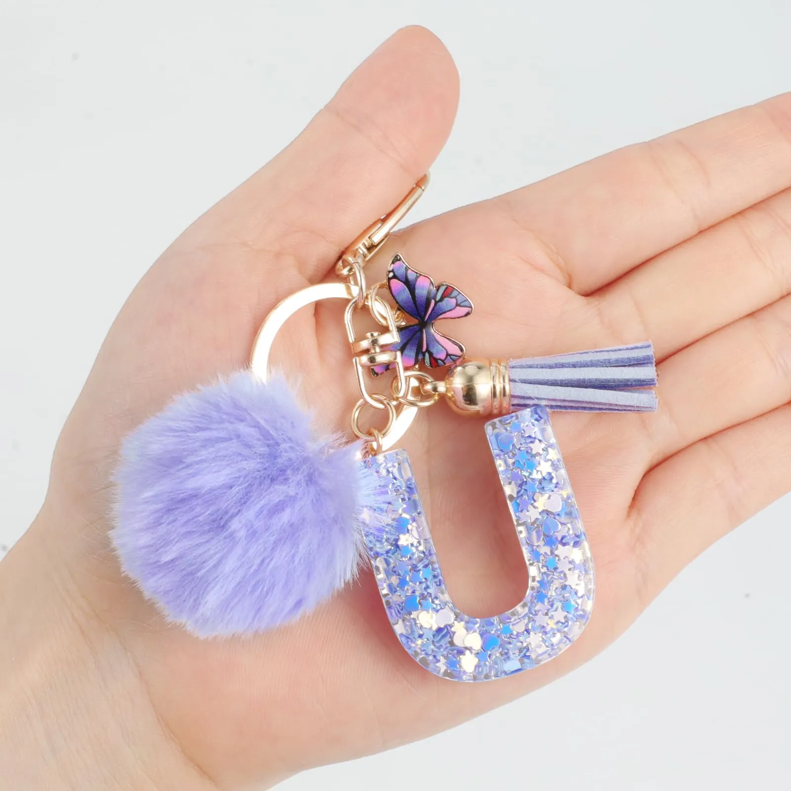 JSRQT Portachiavi da Ragazza Donna Viola Farfallina con Lettera Iniziale Nome U Ciondoli in Resina Personalizzare Regalo Legami Borsa per Auto Chiave Della Porta Macchina Zaino Pendenti Decor - immagine 6