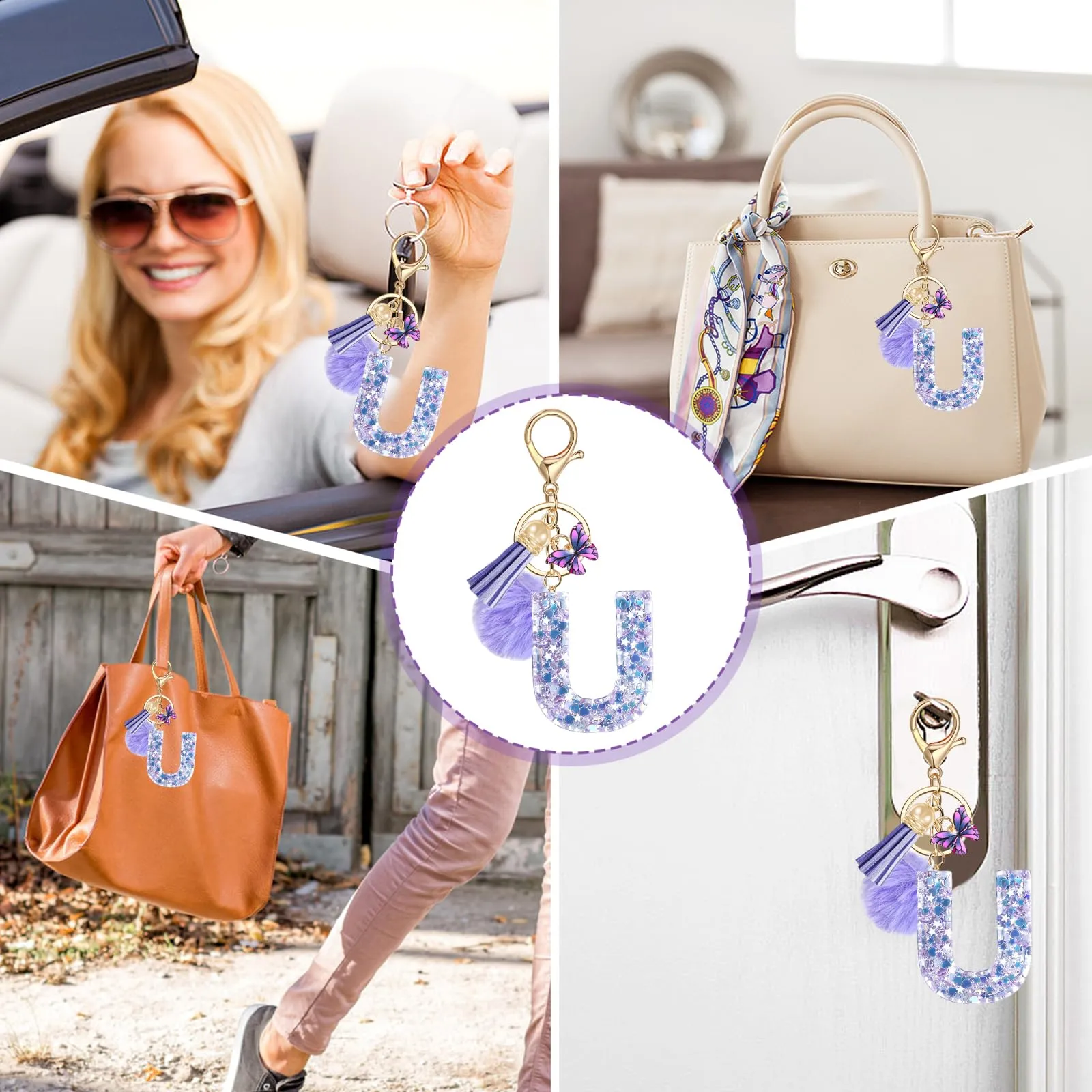 JSRQT Portachiavi da Ragazza Donna Viola Farfallina con Lettera Iniziale Nome U Ciondoli in Resina Personalizzare Regalo Legami Borsa per Auto Chiave Della Porta Macchina Zaino Pendenti Decor - immagine 7