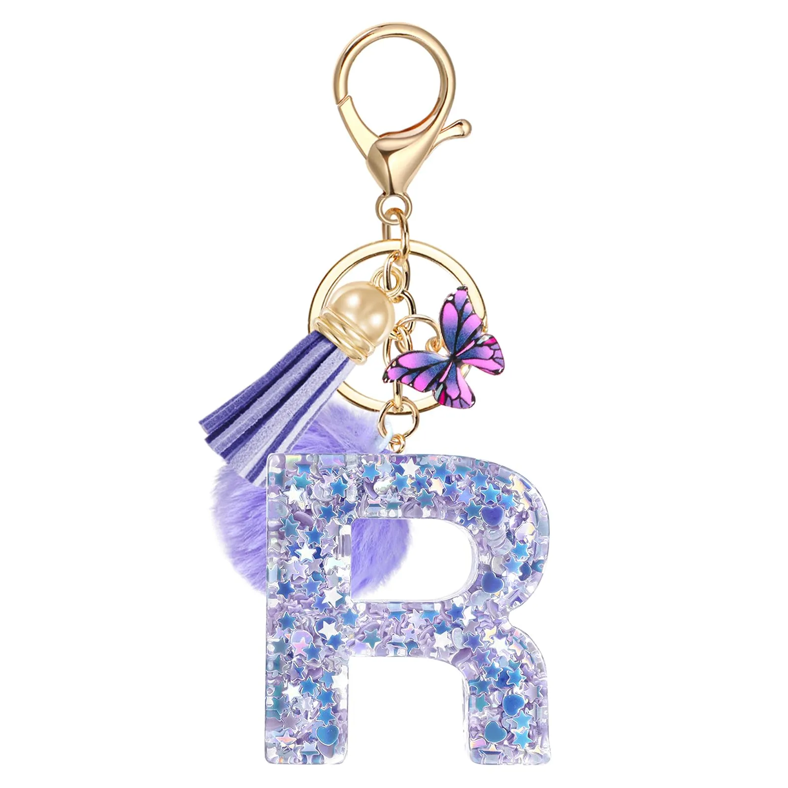 JSRQT Portachiavi da Ragazza Donna Viola Farfallina con Lettera Iniziale Nome R Ciondoli in Resina Personalizzare Regalo Legami Borsa per Auto Chiave Della Porta Macchina Zaino Pendenti Decor - immagine 1