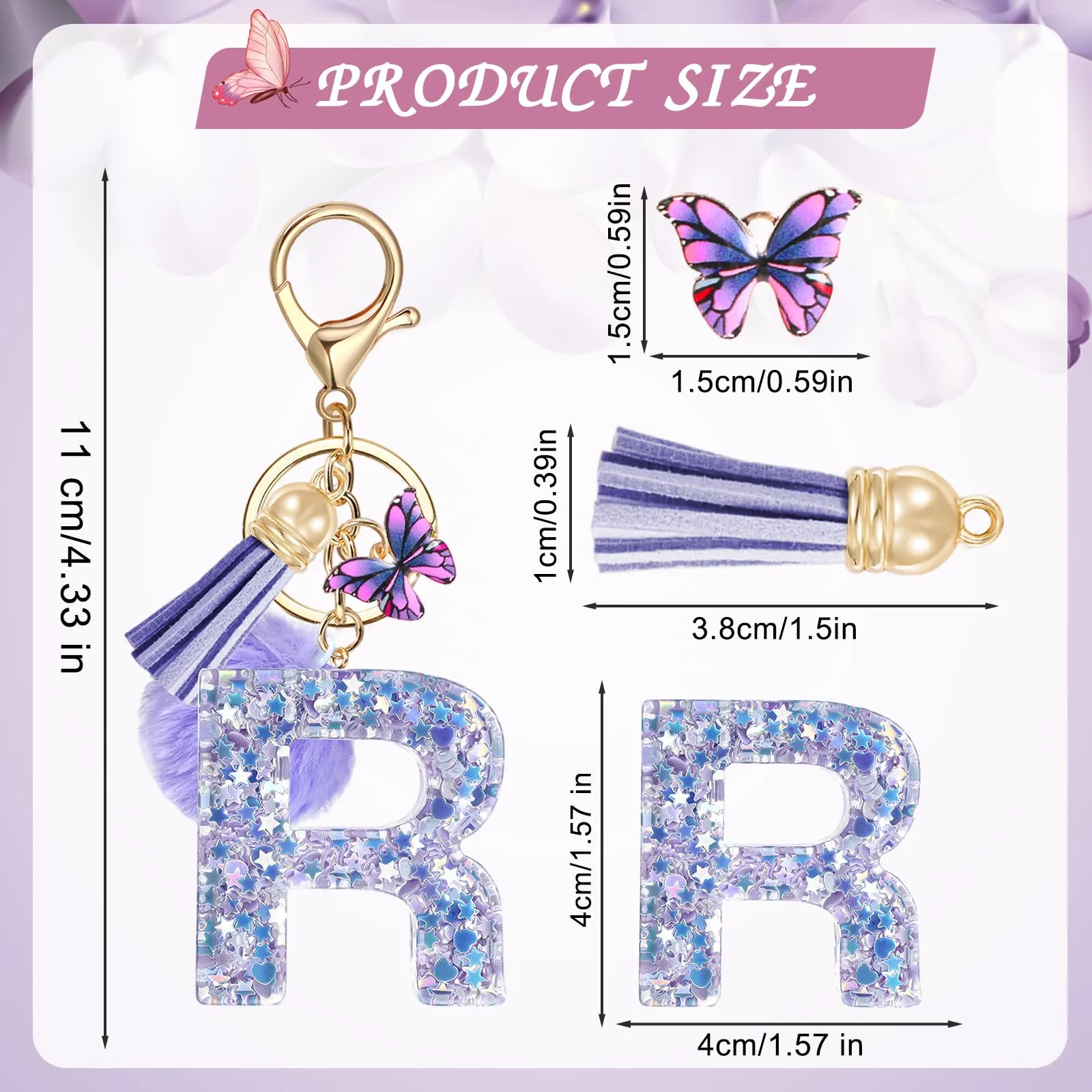 JSRQT Portachiavi da Ragazza Donna Viola Farfallina con Lettera Iniziale Nome R Ciondoli in Resina Personalizzare Regalo Legami Borsa per Auto Chiave Della Porta Macchina Zaino Pendenti Decor - immagine 2