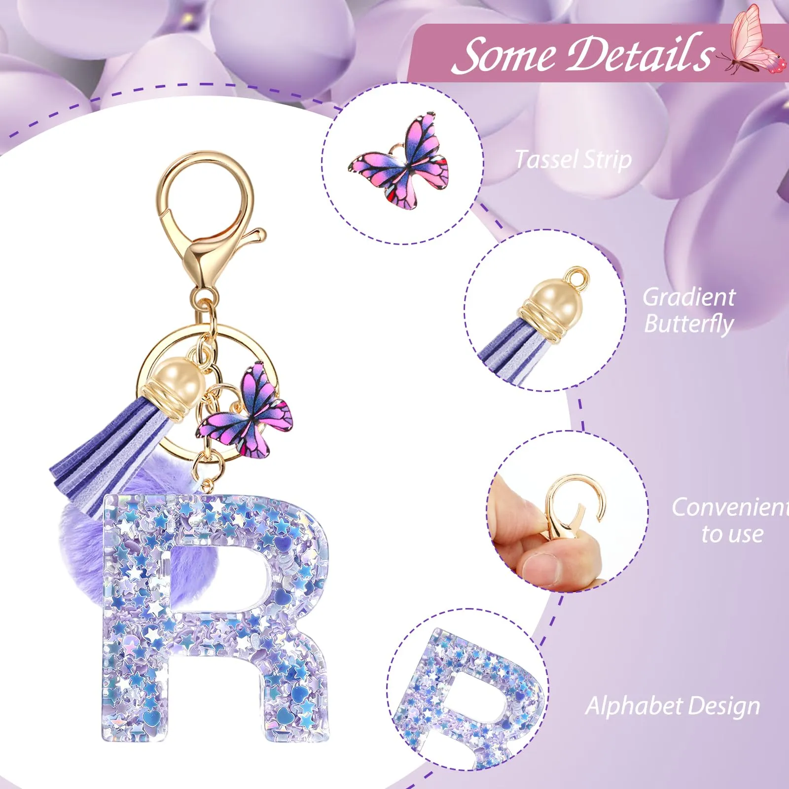 JSRQT Portachiavi da Ragazza Donna Viola Farfallina con Lettera Iniziale Nome R Ciondoli in Resina Personalizzare Regalo Legami Borsa per Auto Chiave Della Porta Macchina Zaino Pendenti Decor - immagine 4