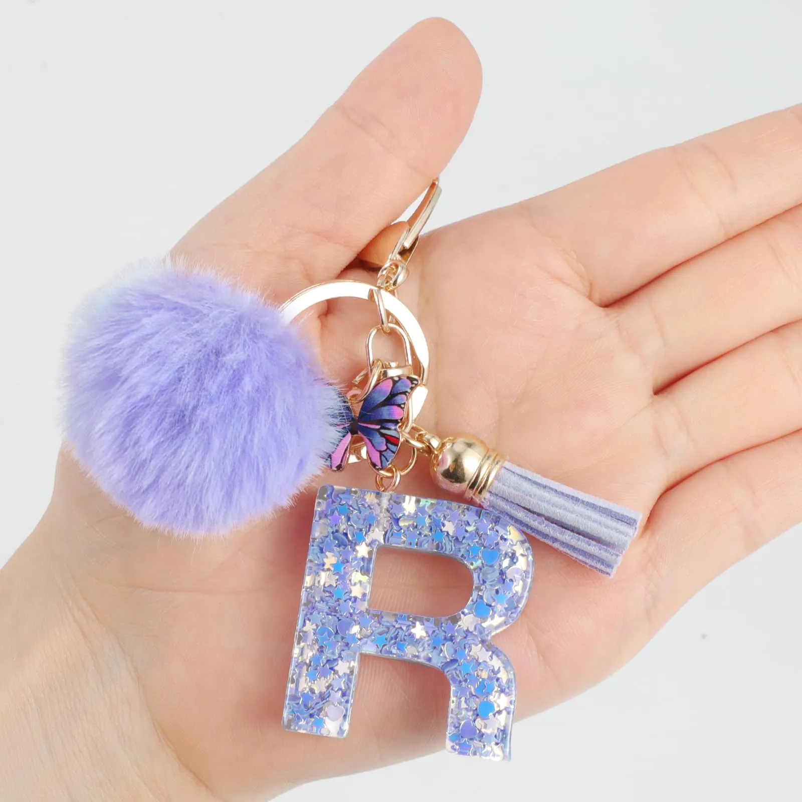 JSRQT Portachiavi da Ragazza Donna Viola Farfallina con Lettera Iniziale Nome R Ciondoli in Resina Personalizzare Regalo Legami Borsa per Auto Chiave Della Porta Macchina Zaino Pendenti Decor - immagine 6