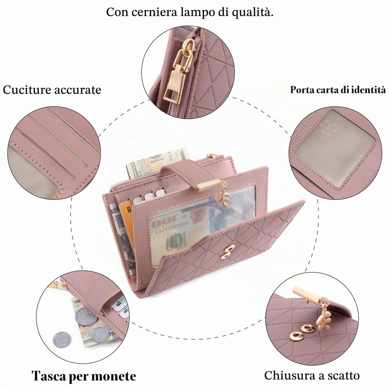 SENDEFN Portafoglio Donna, Portamonete Anti RFID Portafogli Donna Pelle Vegana con 14 Scomparti per Carte, 3 Finestra di Identificazione e 1 Tasca con Cerniera - immagine 4