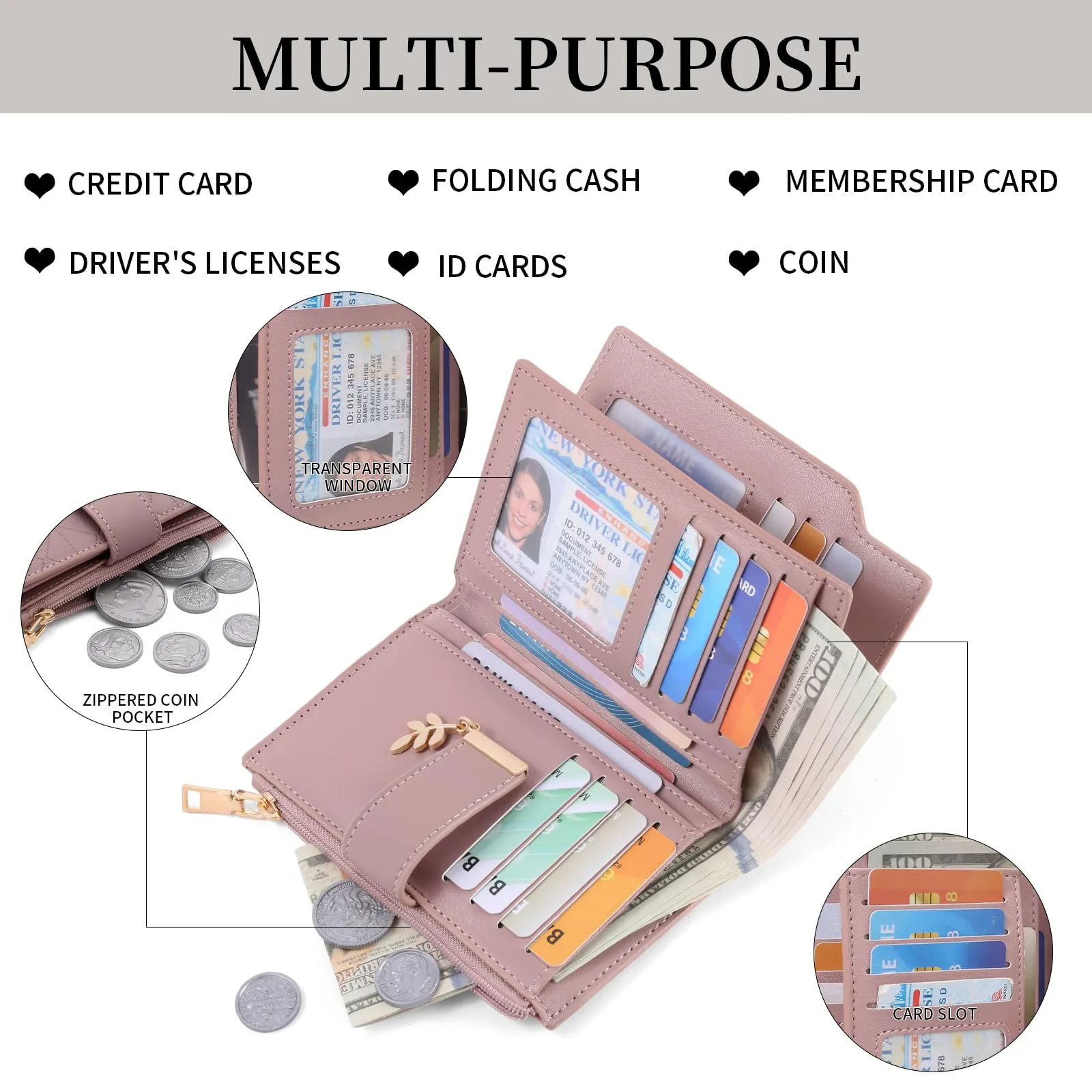 SENDEFN Portafoglio Donna, Portamonete Anti RFID Portafogli Donna Pelle Vegana con 14 Scomparti per Carte, 3 Finestra di Identificazione e 1 Tasca con Cerniera - immagine 5