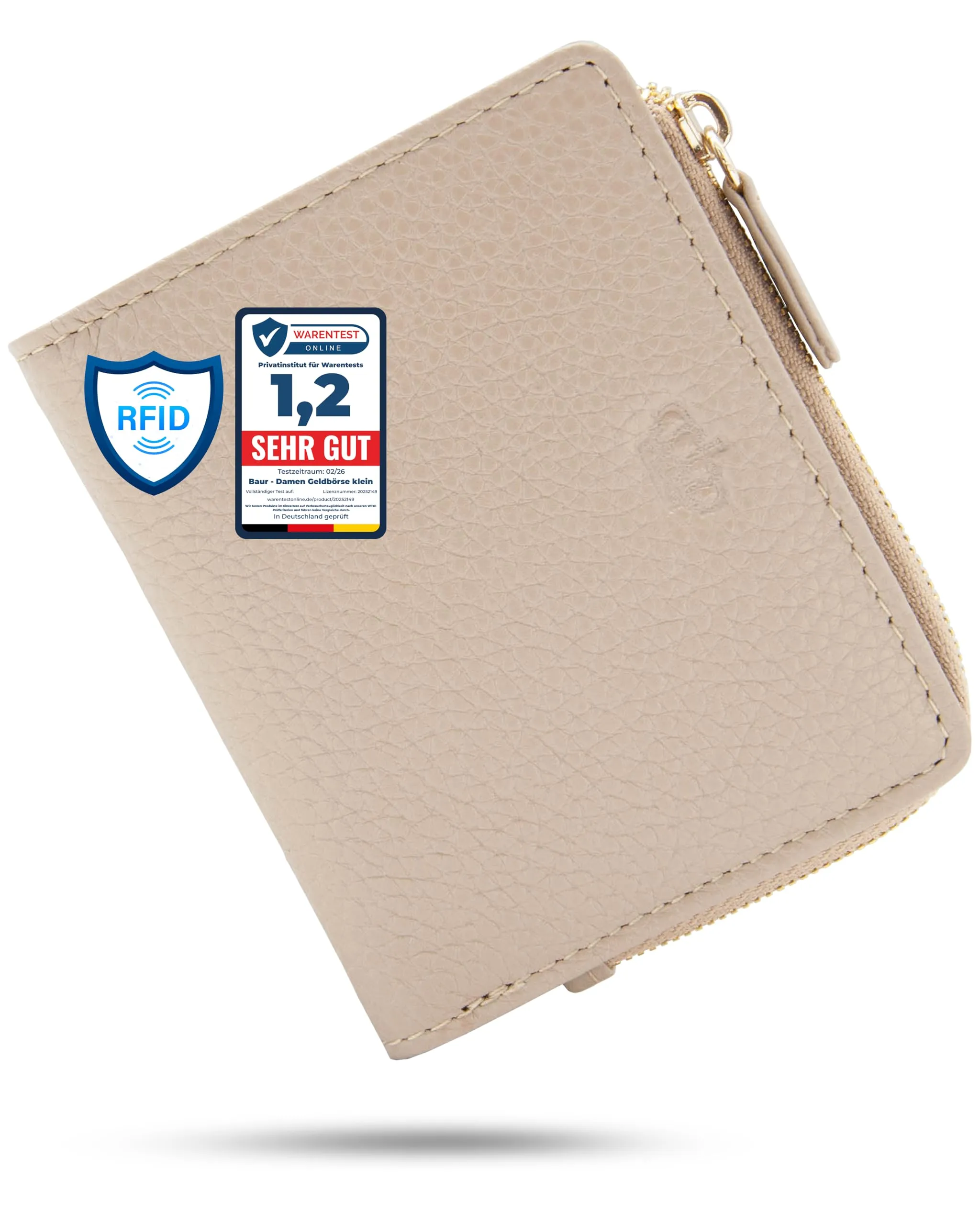 Baur portafoglio da donna piccolo – vera pelle con protezione RFID – portafoglio con 7 scomparti carte – chiusura bottone a pressione e tasca portamonete con cerniera (Cerniera oro, Talpa) - immagine 1